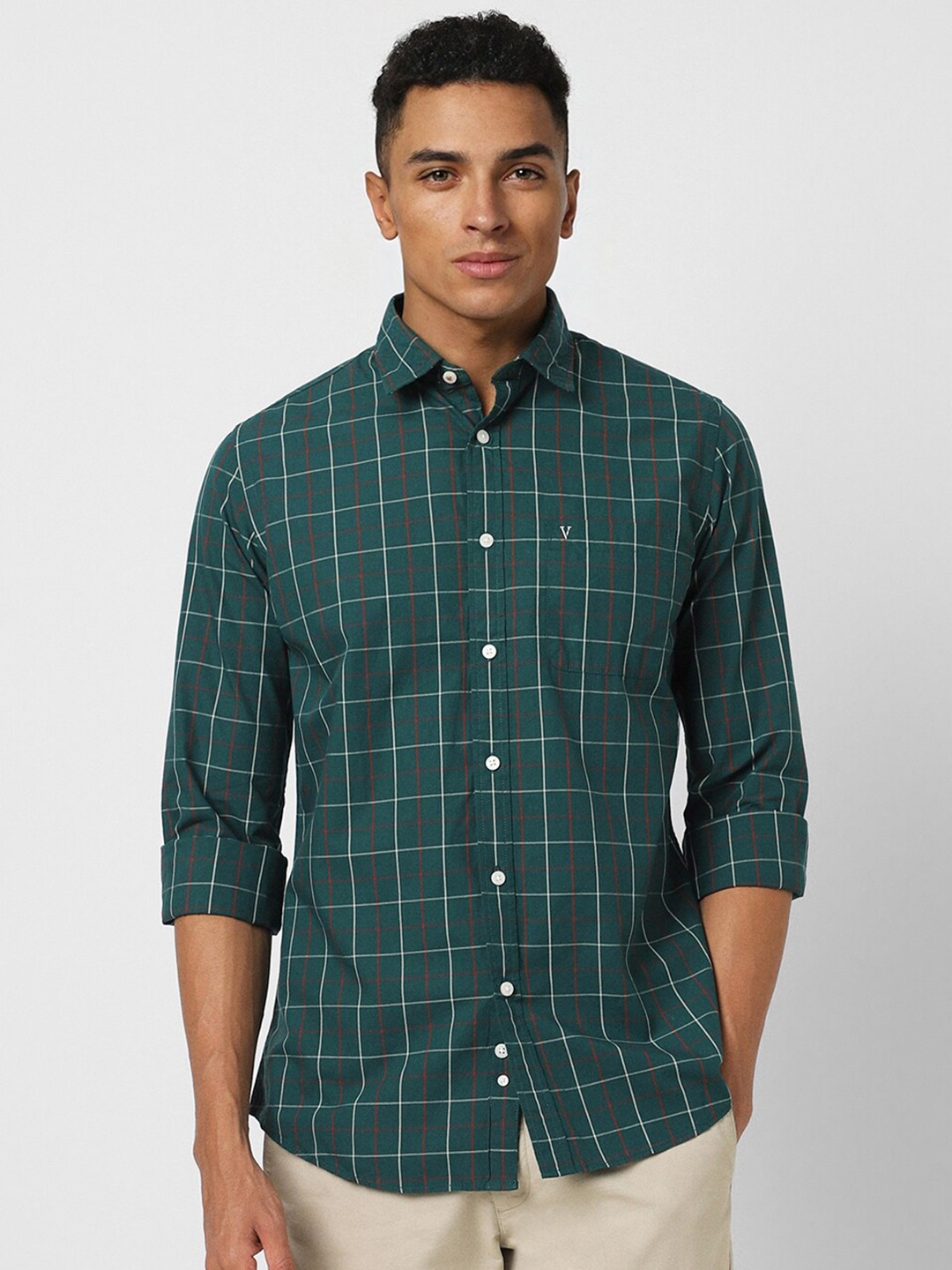 

Van Heusen Sport Slim Fit Windowpane Checked Spread Collar Pure Cotton Casual Shirt, Green