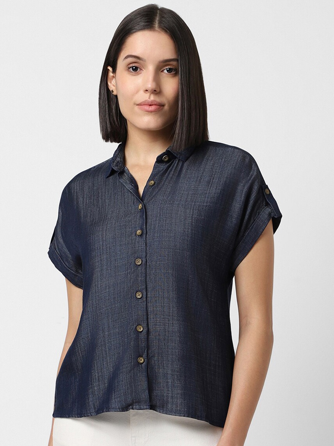 

Van Heusen Woman Self Design Extended Sleeves Casual Shirt, Navy blue