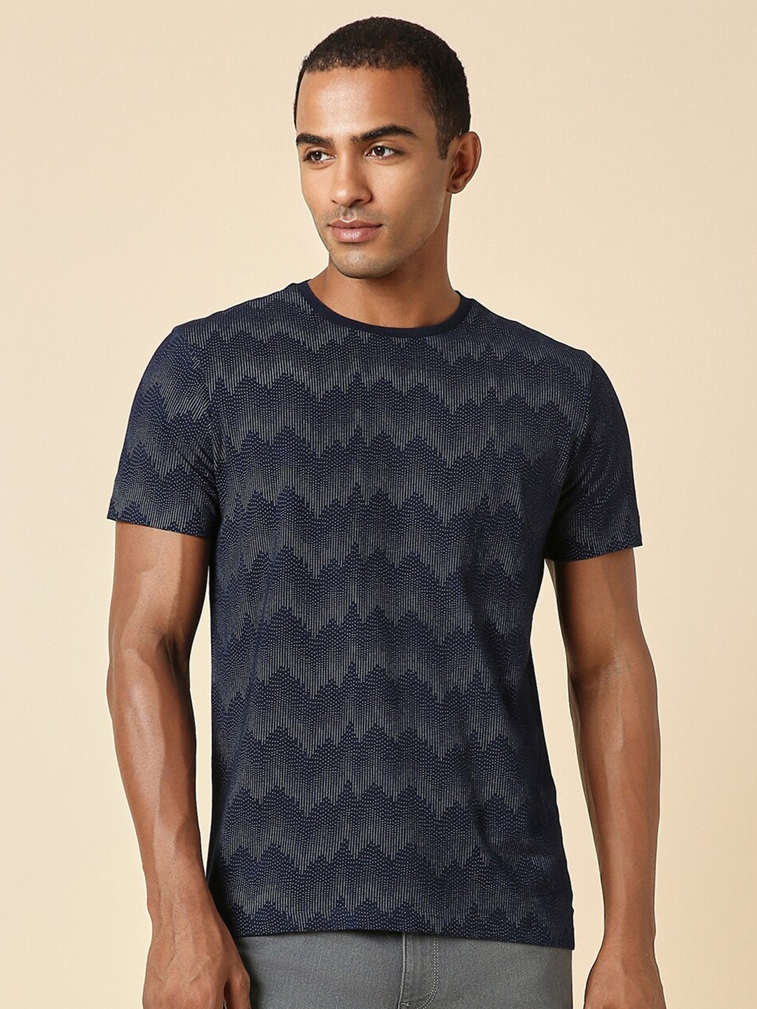 

Allen Solly Geometric Printed Pure Cotton Slim Fit T-shirt, Navy blue