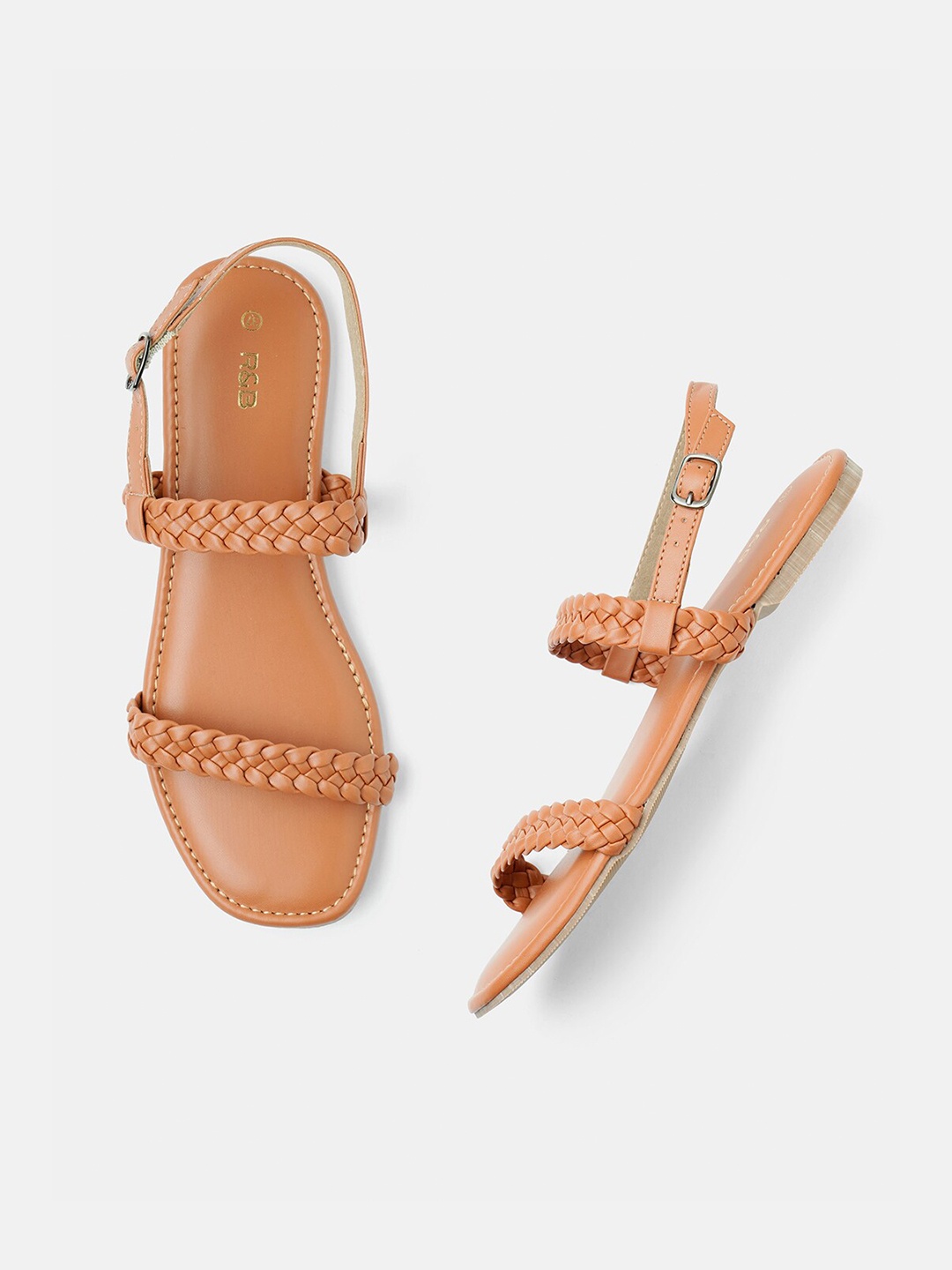 

R&B Textured Open Toe Flats With Backstrap, Tan