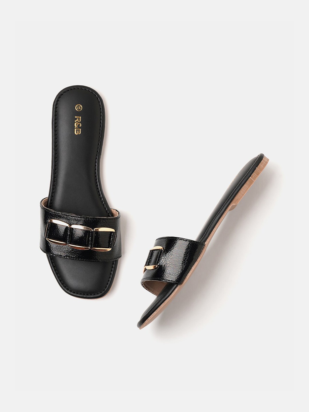 

R&B Slip-On Open Toe Flats With Buckles, Black