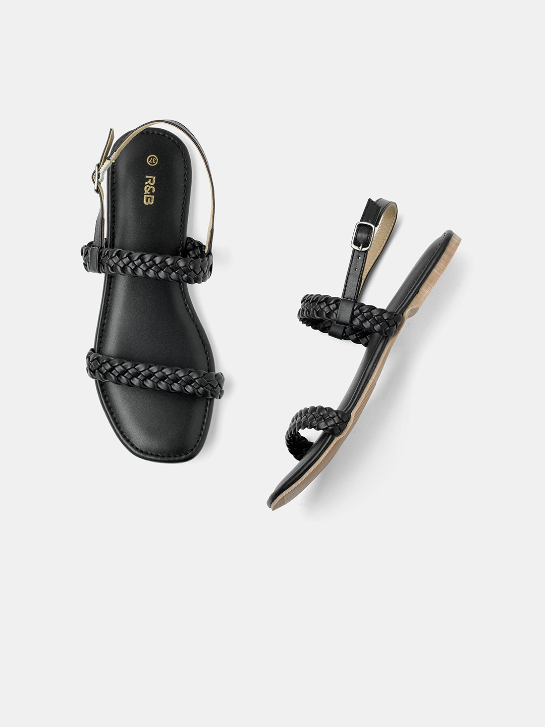 

R&B Braided Open Toe Flats With Buckle Closure, Black