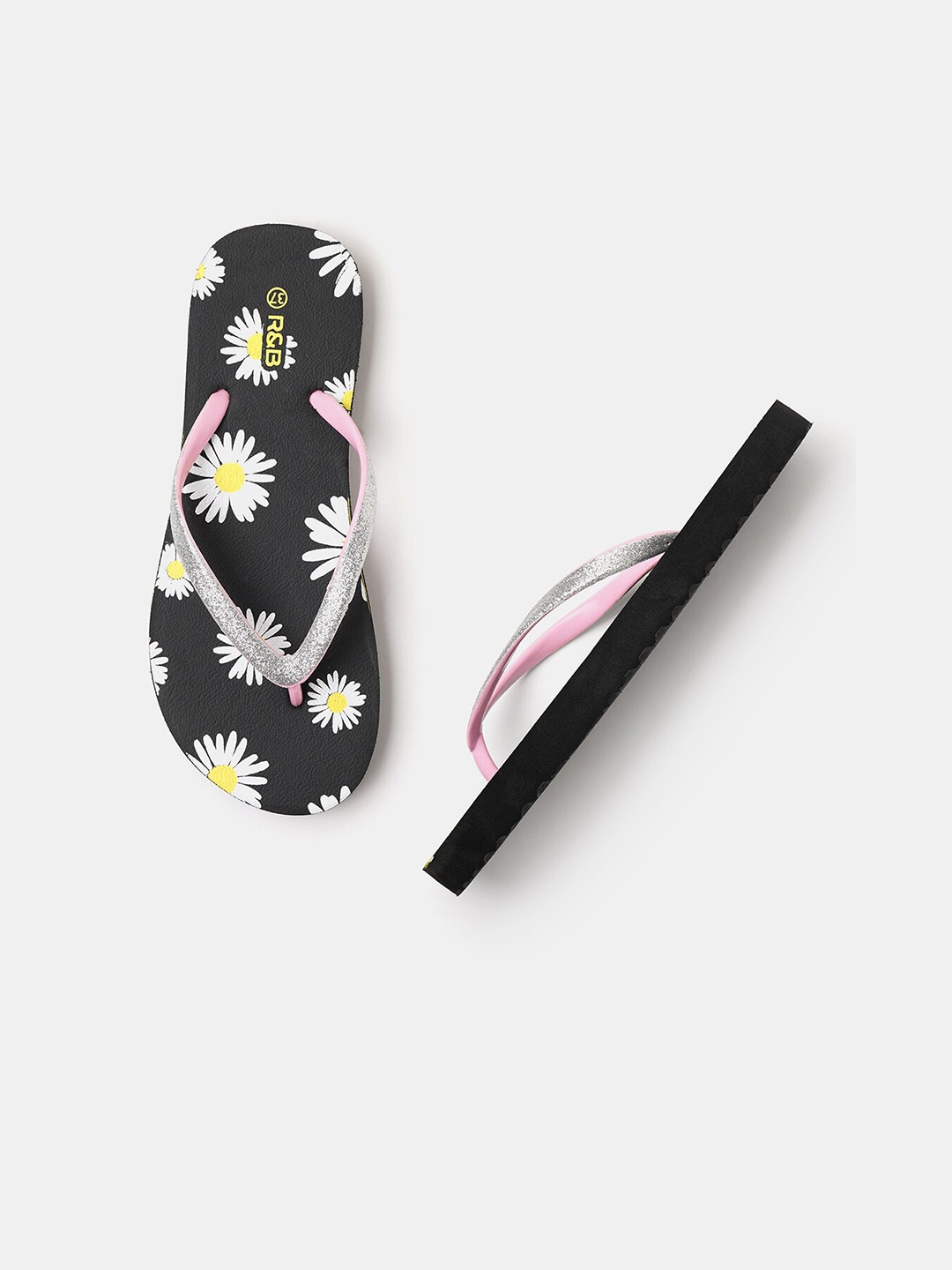 

R&B Women Floral Printed Thong Flip-Flops, Black
