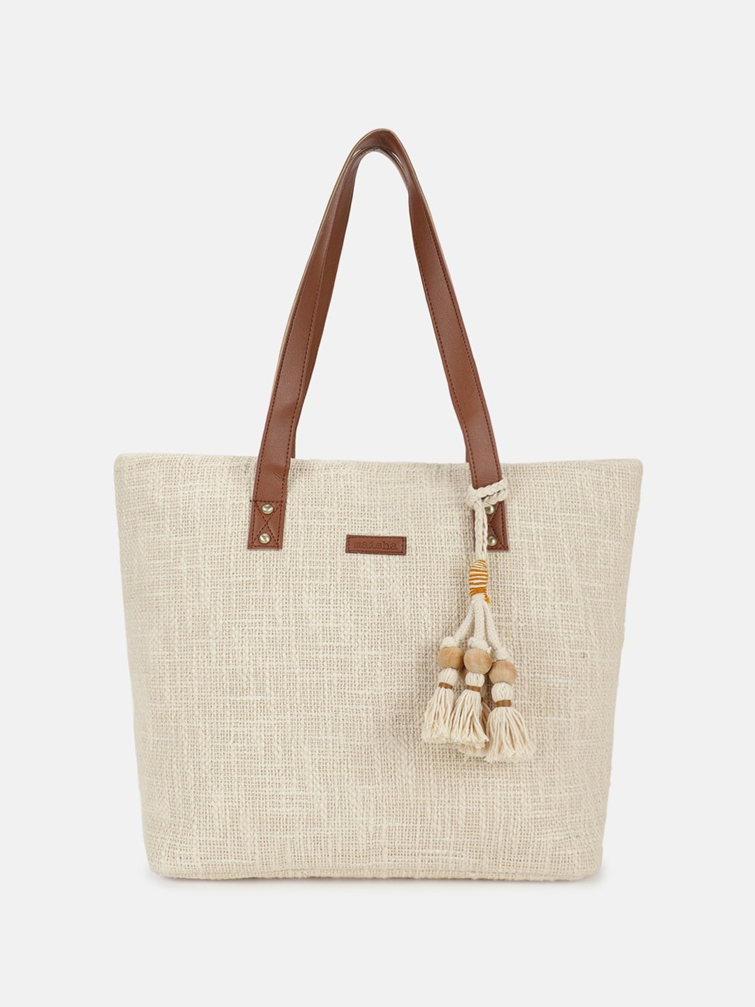 

Maisha Textured Structured Tasselled Fabric Shoulder Bag, Beige