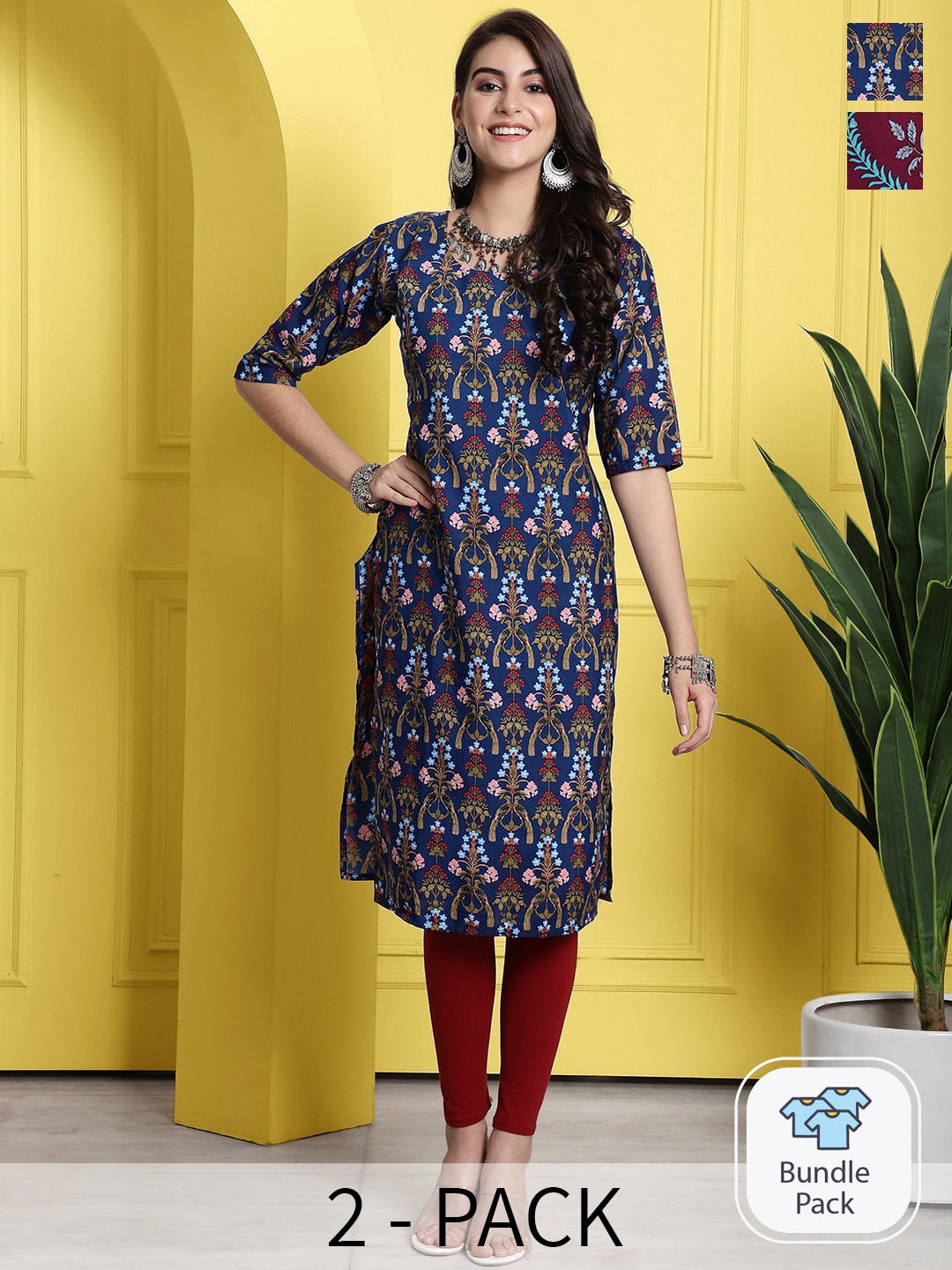 

7Threads Pack Of 2 Printed Round Neck Straight Kurtas, Navy blue
