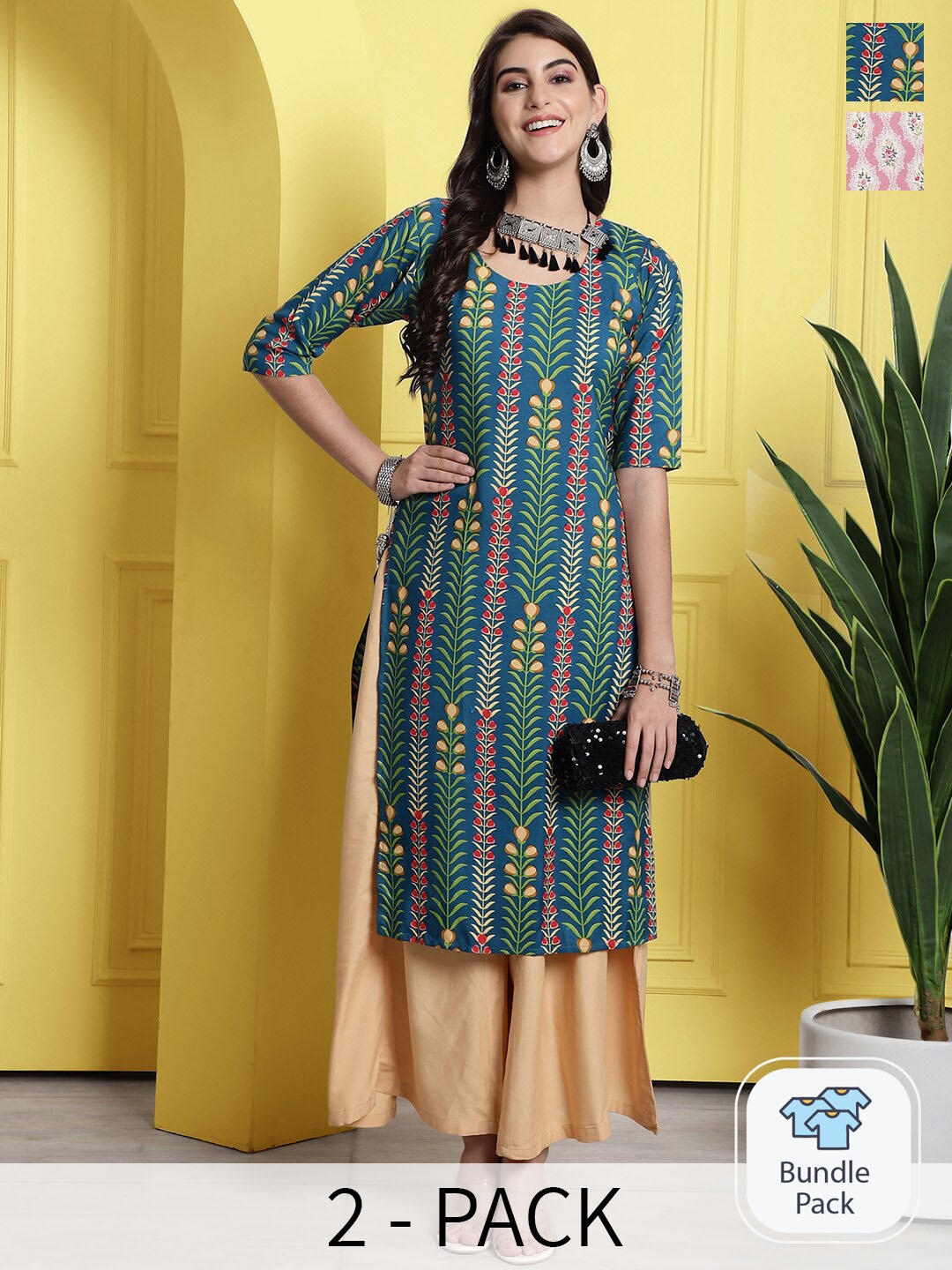 

7Threads Selection Of 2 Ethnic Motifs Printed Kurta, Pink