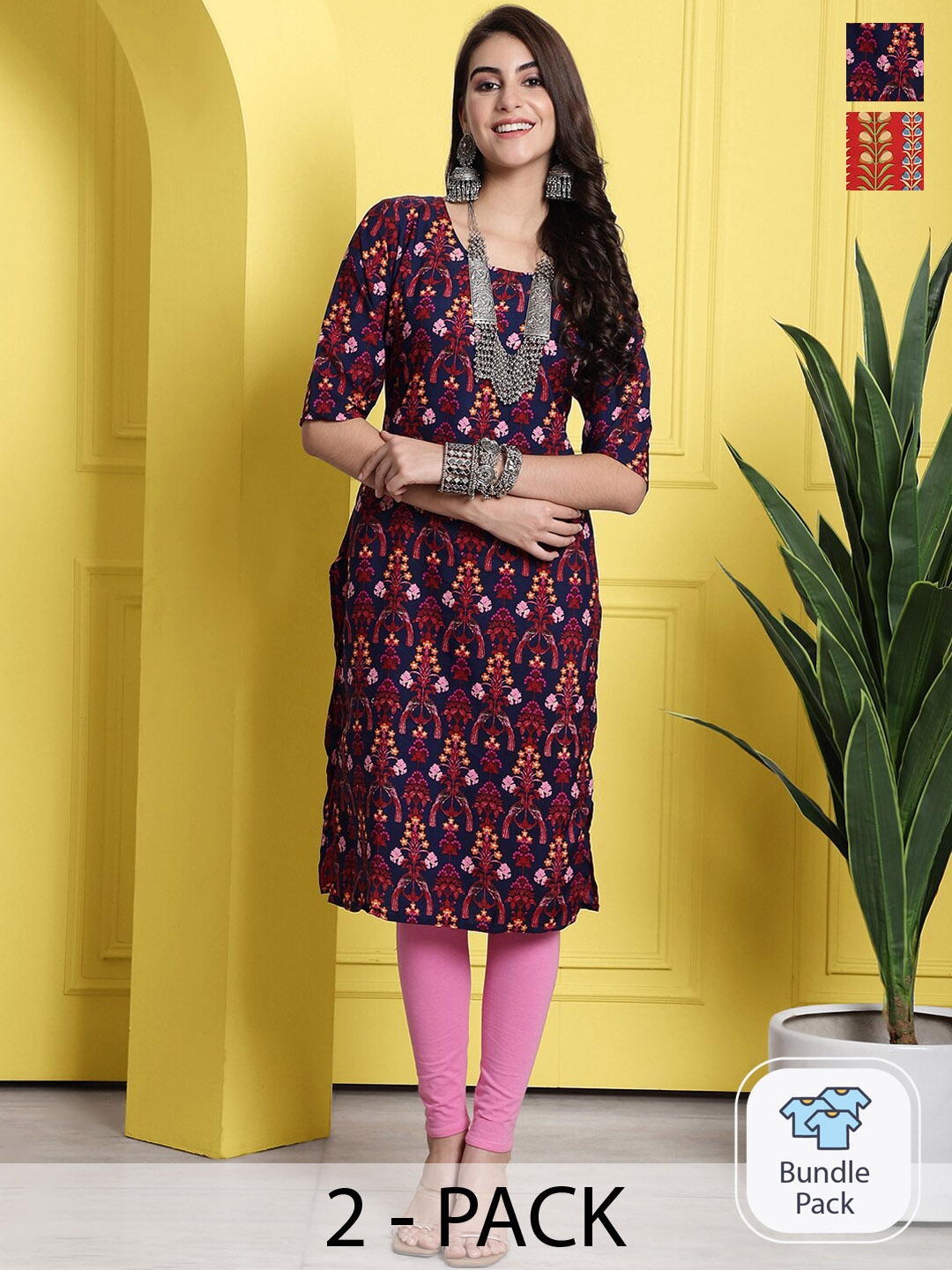 

7Threads Selection Of 2 Ethnic Motifs Printed Kurta, Red