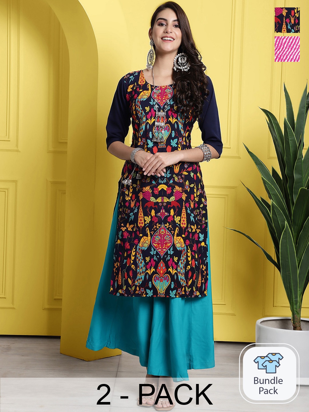 

7Threads Pack of 2 Ethnic Motifs Printed Straight Kurta, Navy blue