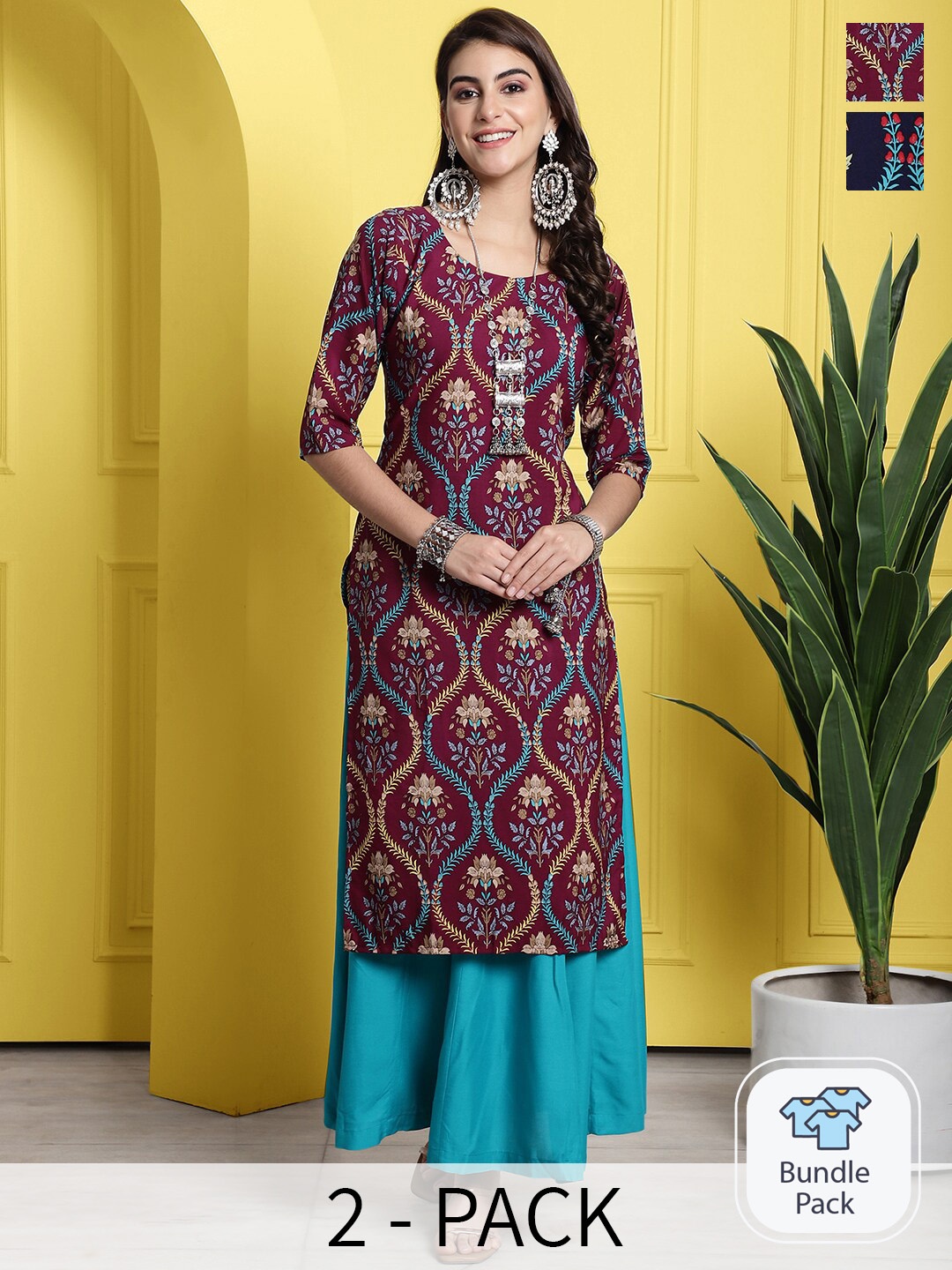 

7Threads Selection Of 2 Ethnic Motifs Printed Kurta, Maroon