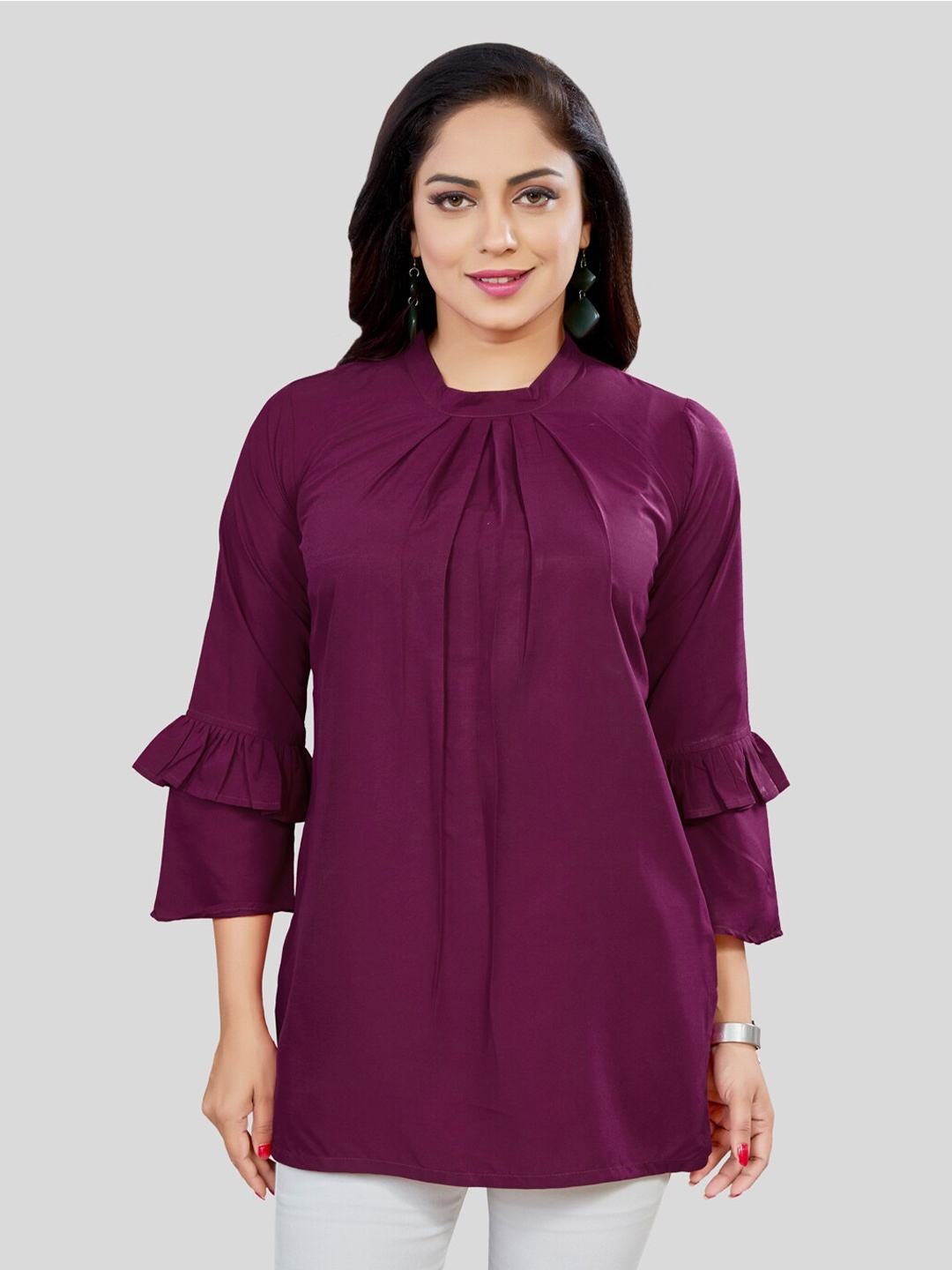 

Saree Swarg High Neck Bell Sleeves Crepe Tunic, Burgundy