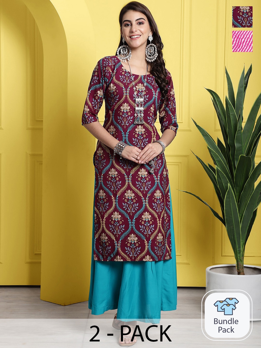 

7Threads Selection Of 2 Ethnic Motifs Printed Straight Kurta, Maroon