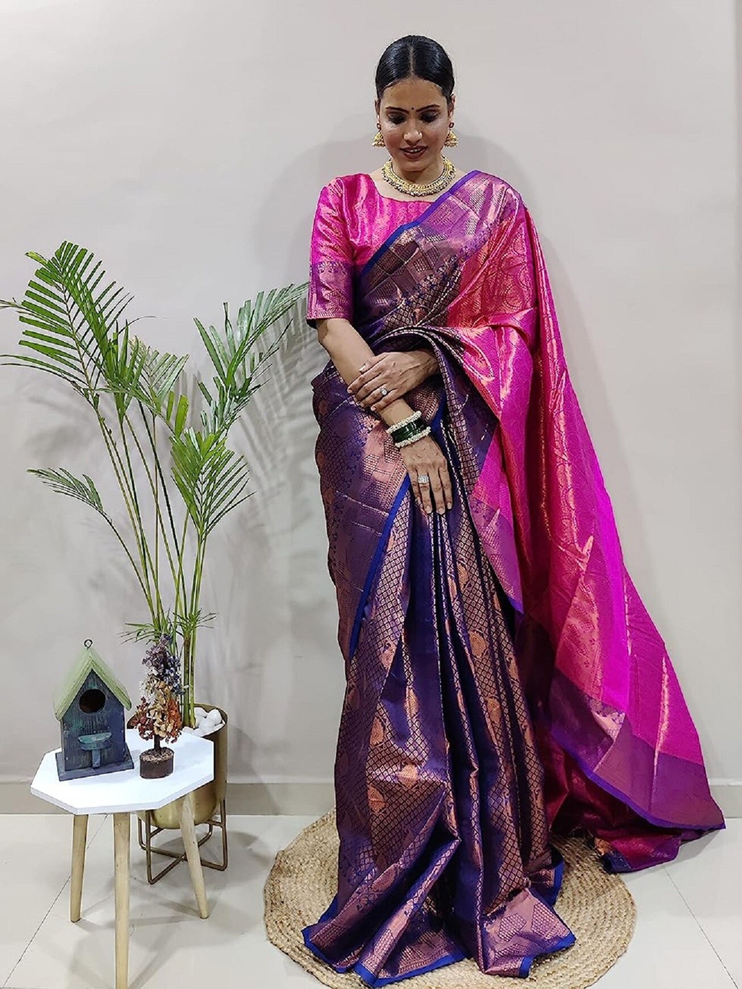 

APNISHA Pink & Purple Woven Design Zari Pure Silk Banarasi Saree