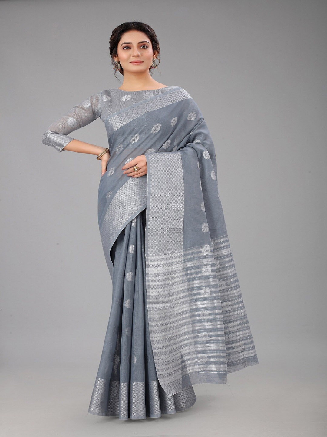 

APNISHA Ethnic Motifs Woven Design Zari Silk Cotton Banarasi Saree, Grey