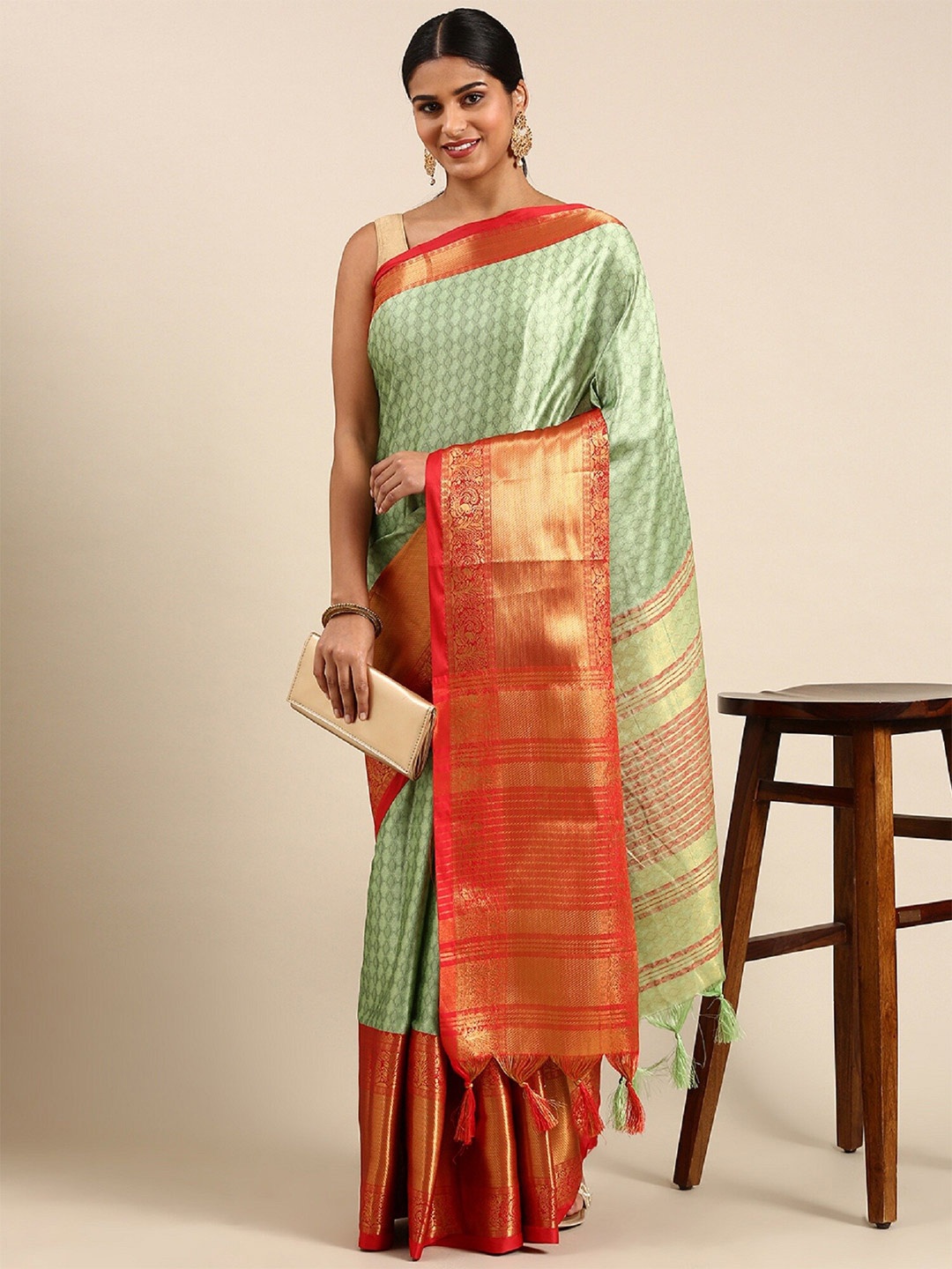 

APNISHA Ethnic Motifs Woven Design Zari Silk Cotton Banarasi Saree, Sea green