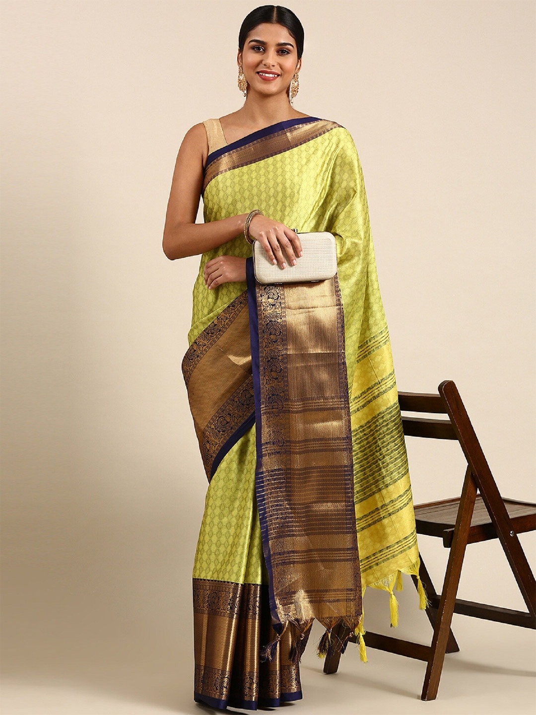 

APNISHA Ethnic Motifs Woven Design Zari Silk Cotton Banarasi Saree, Yellow
