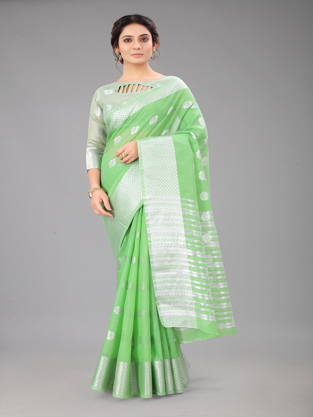 

APNISHA Ethnic Motifs Woven Design Zari Silk Cotton Banarasi Saree, Sea green