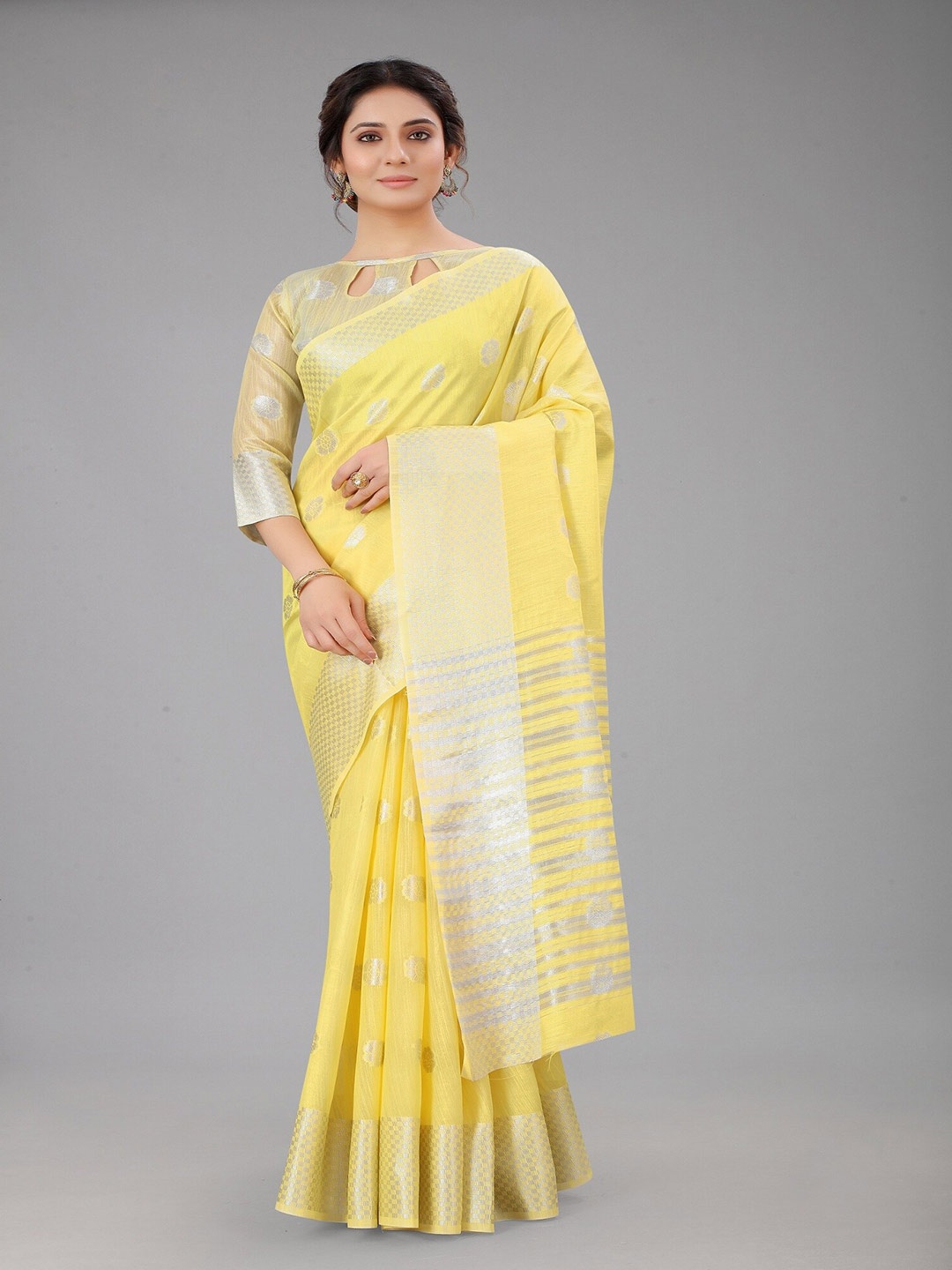 

APNISHA Ethnic Motifs Woven Design Zari Silk Cotton Banarasi Saree, Yellow