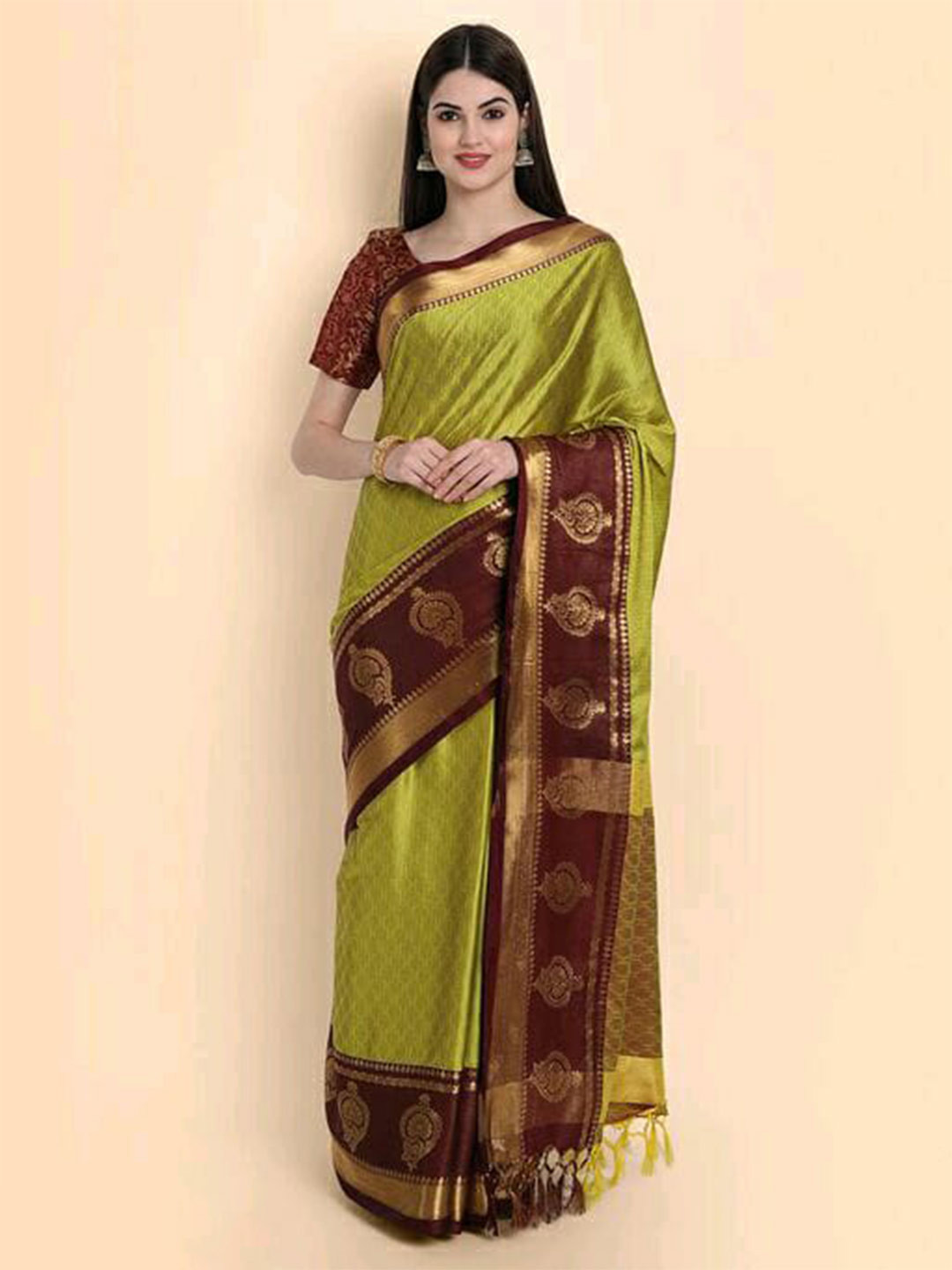 

APNISHA Ethnic Motifs Woven Design Zari Silk Cotton Banarasi Saree, Brown