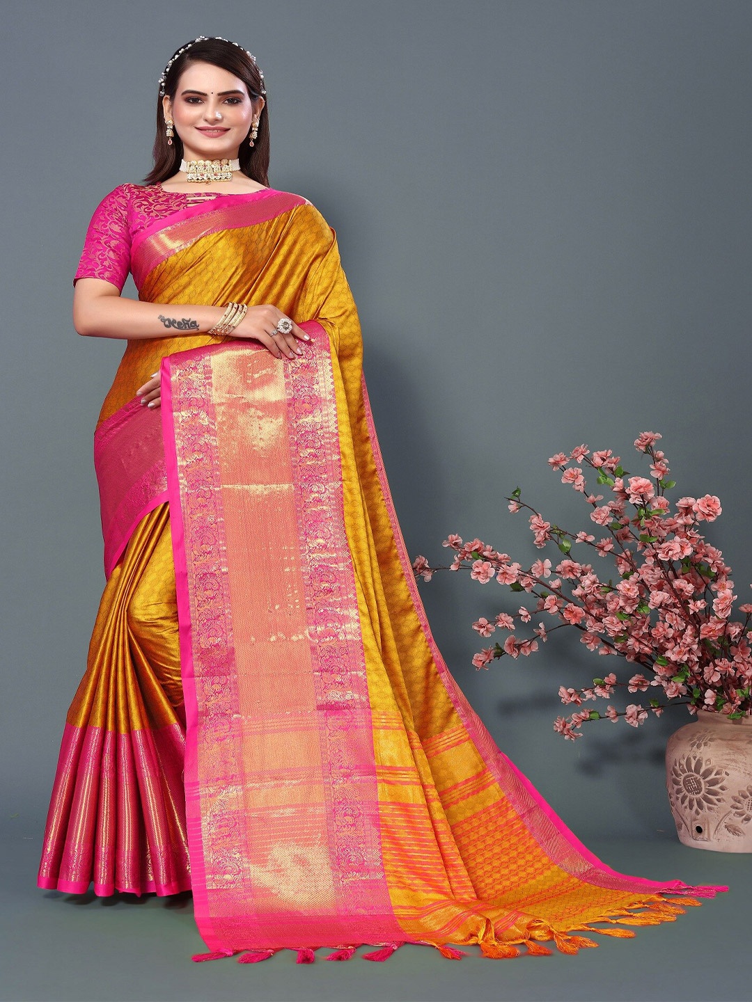 

APNISHA Ethnic Motifs Woven Design Jacquard Zari Pure Silk Banarasi Saree, Mustard