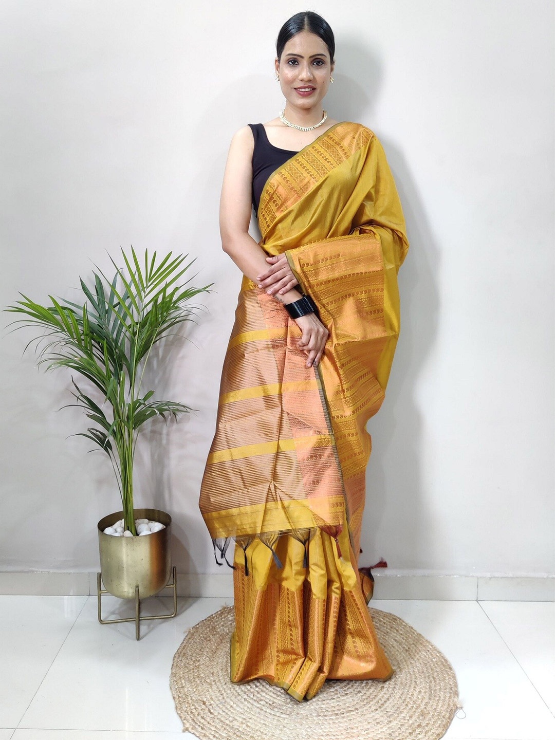 

APNISHA Woven Design Border Zari Pure Silk Jacquard Banarasi Saree, Mustard