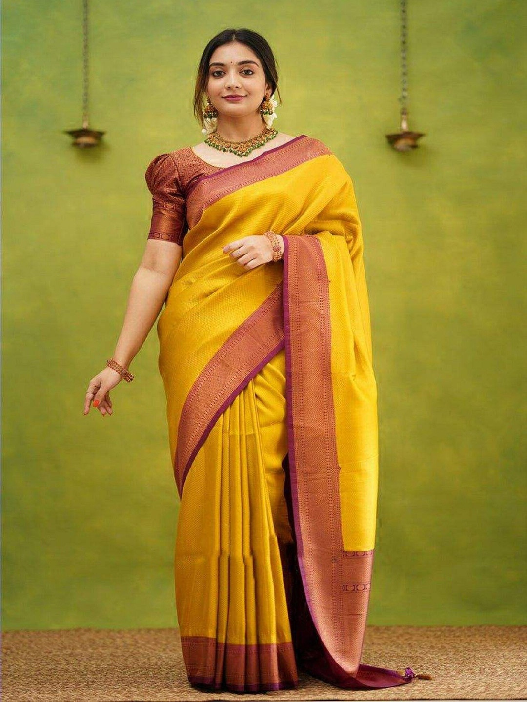 

APNISHA Ethnic Motifs Woven Design Zari Pure Silk Banarasi Saree, Mustard