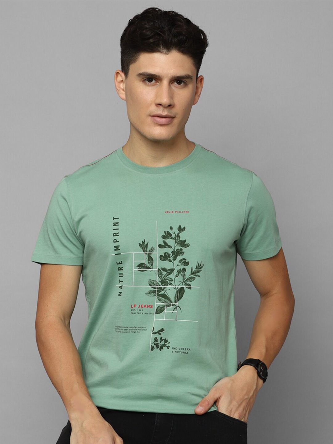 

Louis Philippe Jeans Typography Printed Slim Fit Cotton T-shirt, Green