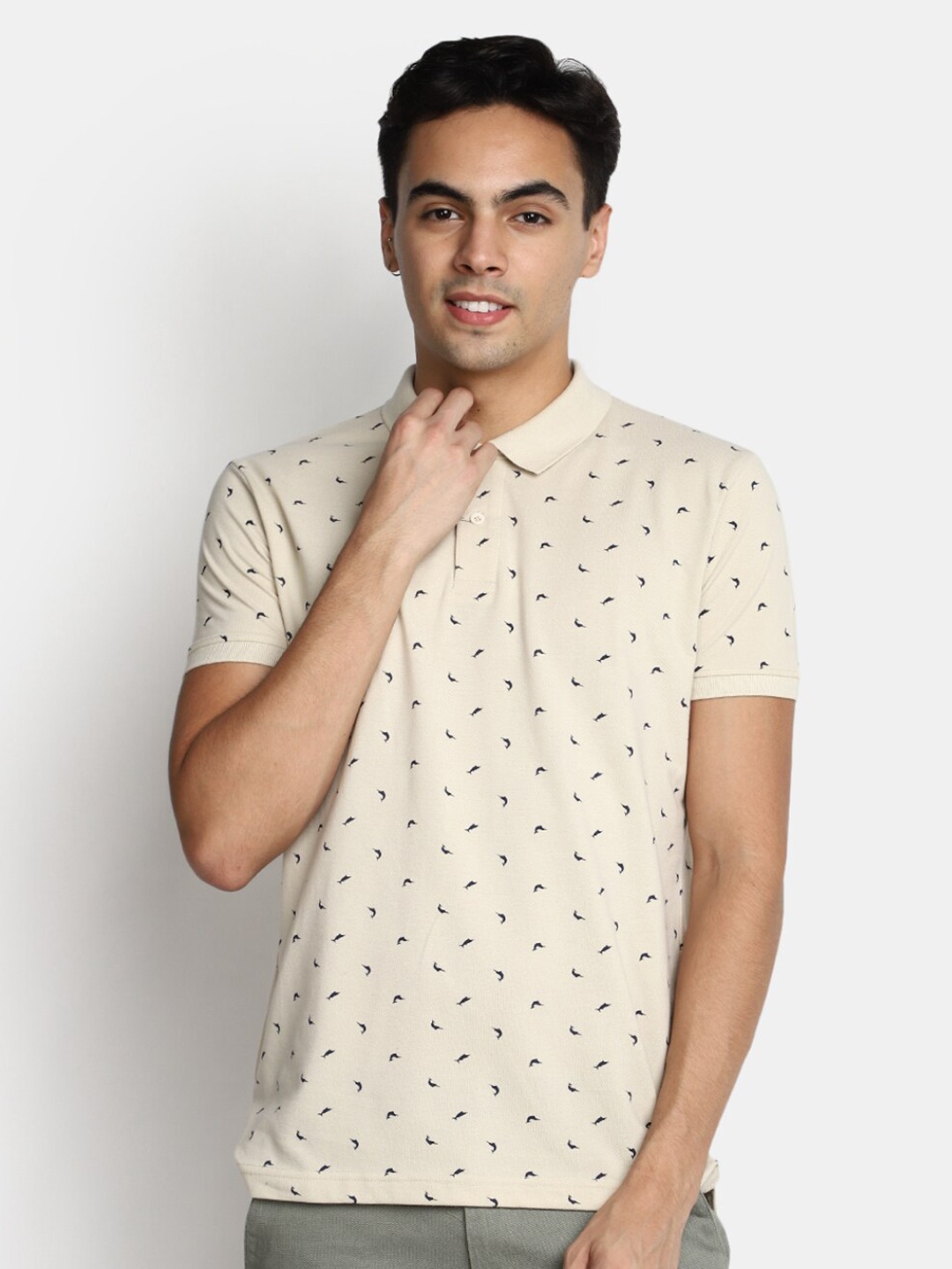 

V-Mart Printed Polo Collar Cotton T-shirt, Beige