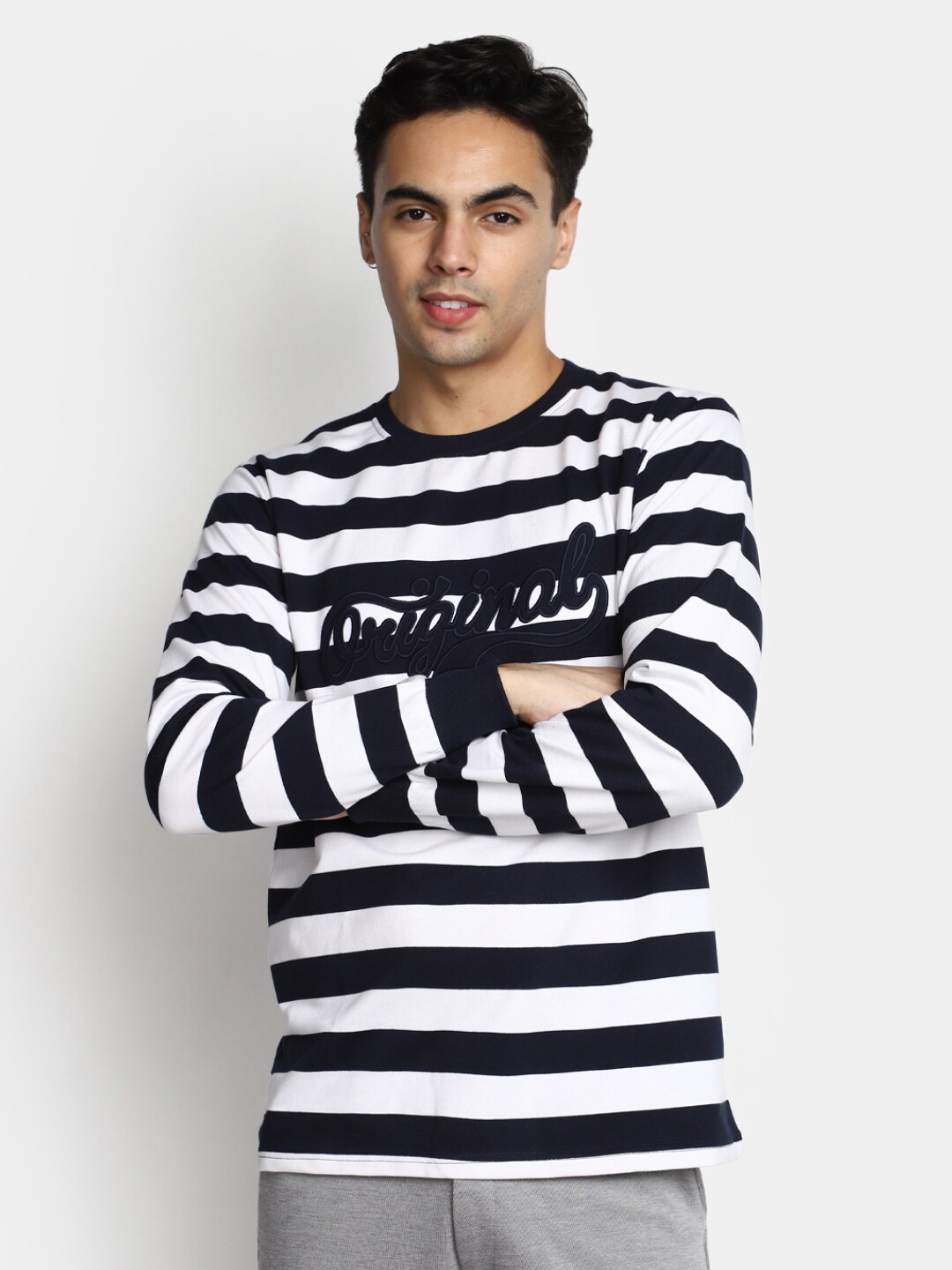 

V-Mart Striped Monochrome Cotton T-shirt, Blue