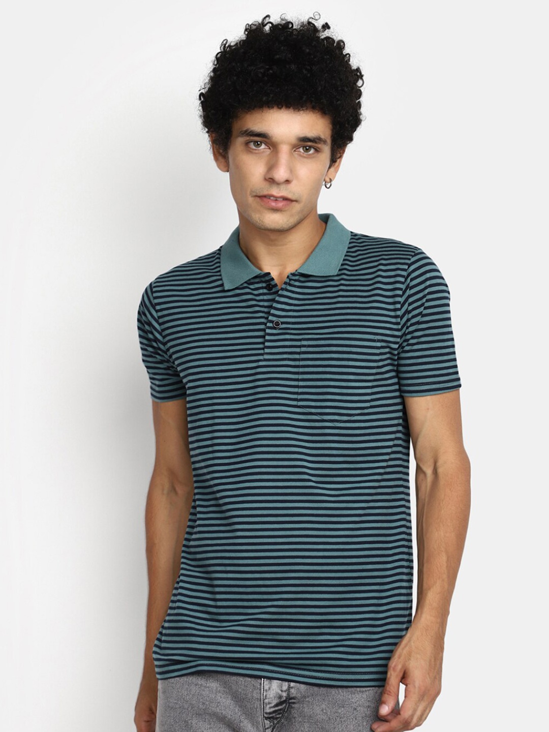 

V-Mart Striped Polo Collar Cotton Slim Fit T-shirt, Green