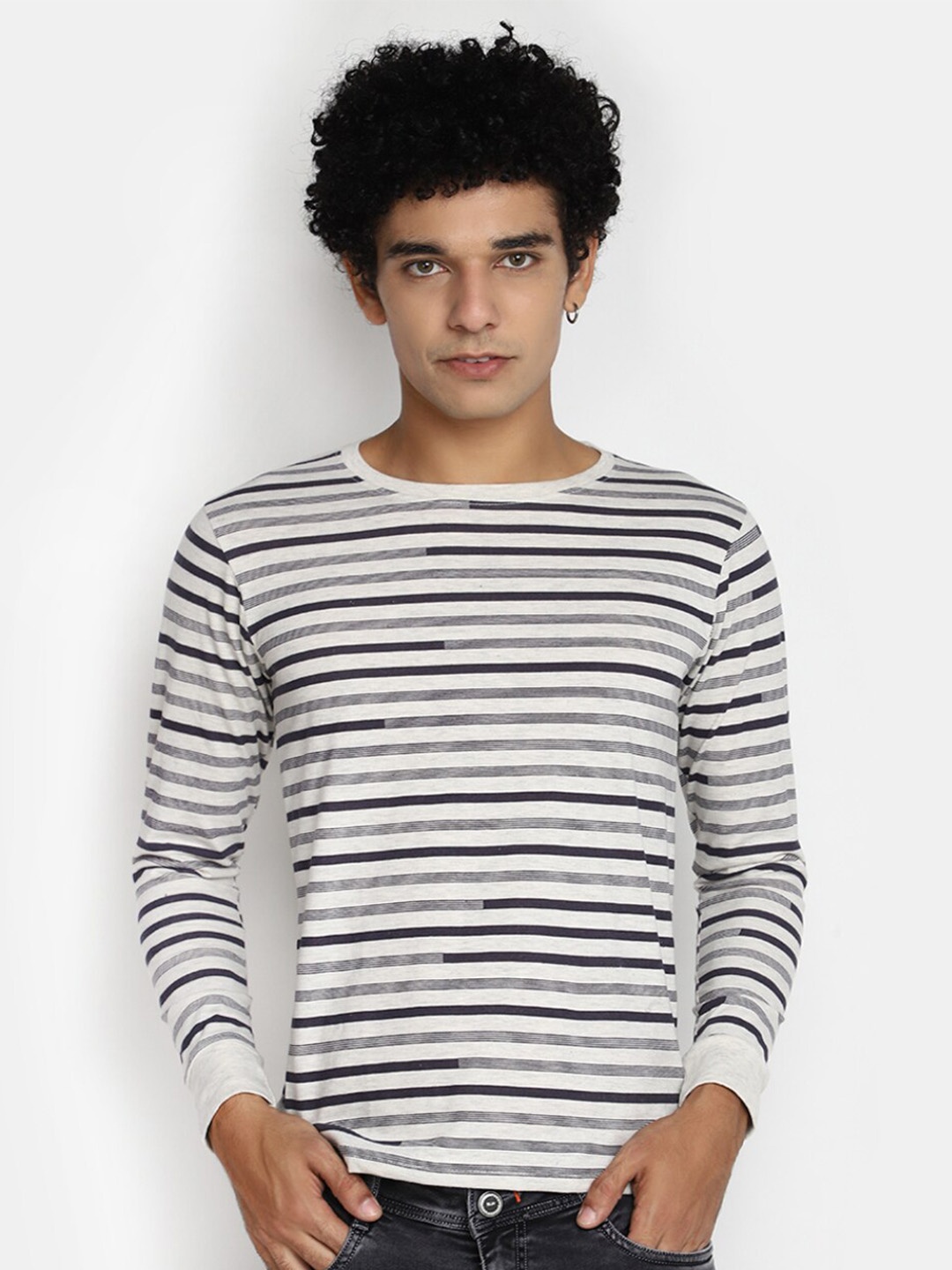 

V-Mart Striped Cotton Casual T-Shirt, Off white