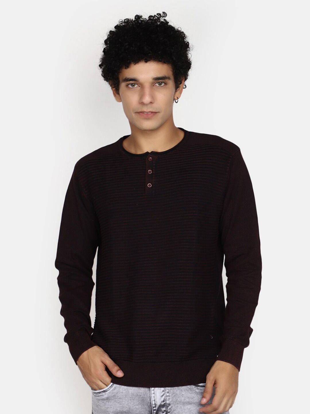 

V-Mart Striped Henley Neck Cotton T-shirt, Black