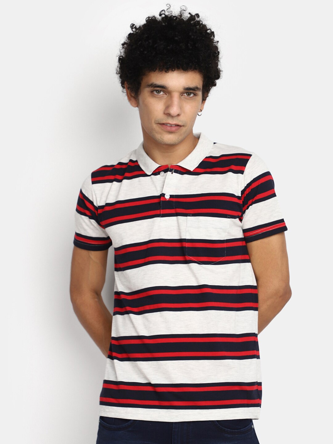 

V-Mart Striped Polo Collar Short Sleeves Pockets Slim Fit T-shirt, White