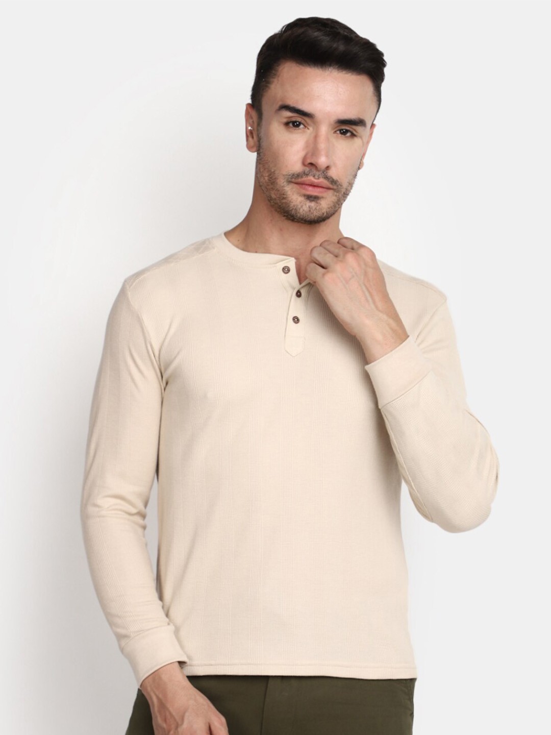 

V-Mart Henley Neck Cotton Casual T-shirt, Beige