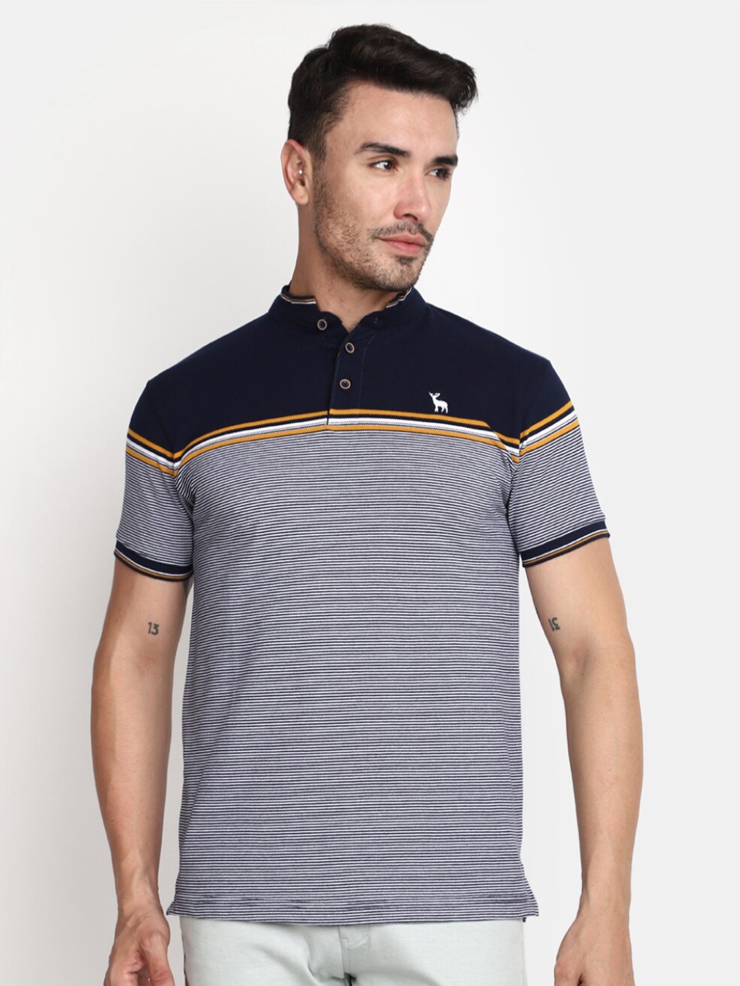

V-Mart Horizontal Striped Polo Collar Cotton T-Shirt, Black