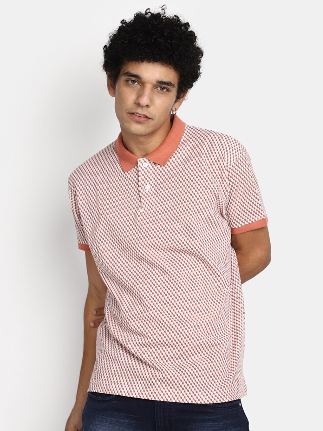 

V-Mart Abstract Printed Polo Collar Cotton T-shirt, Rust