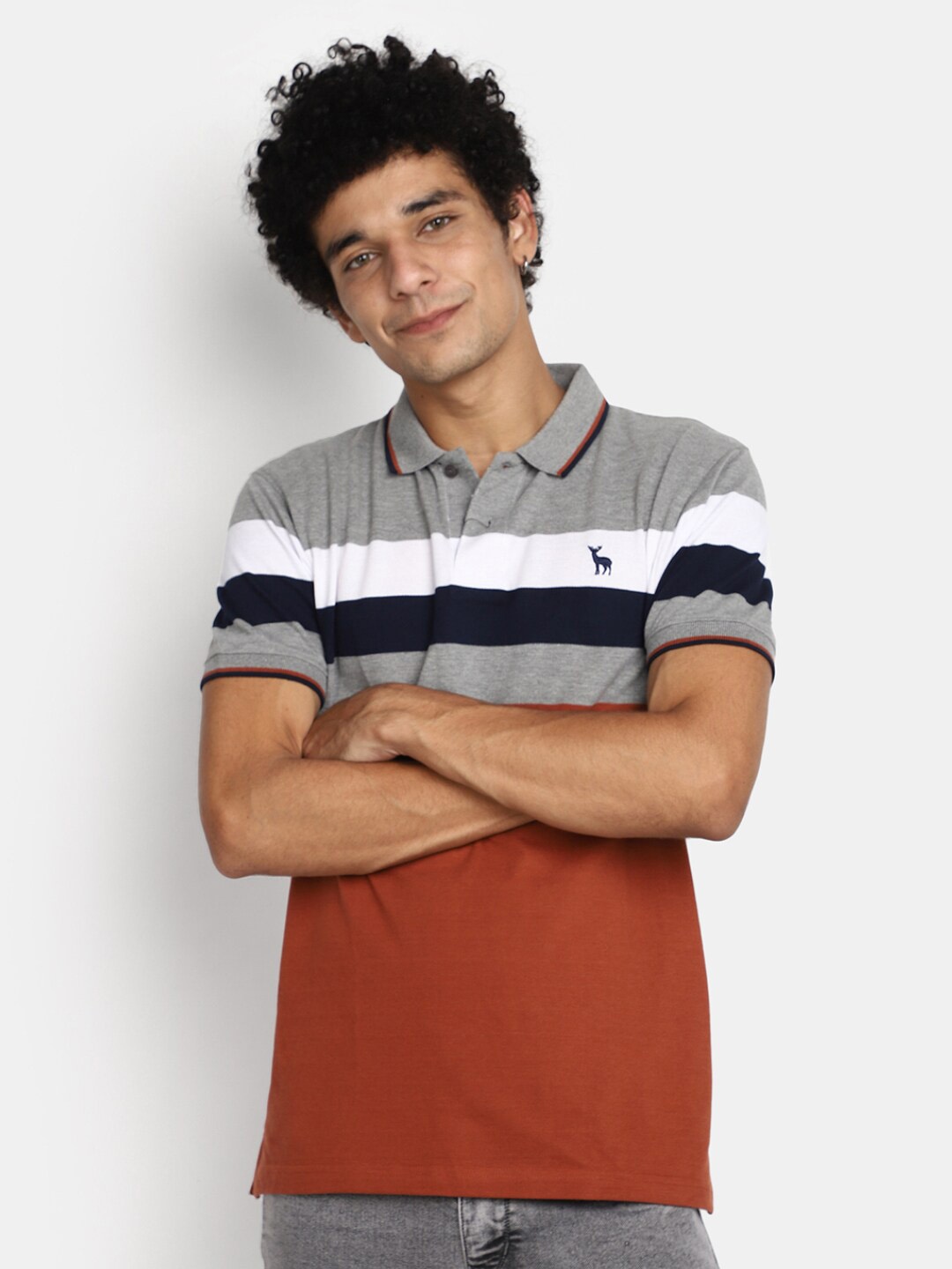 

V-Mart Striped Polo Collar Cotton T-shirt, Grey