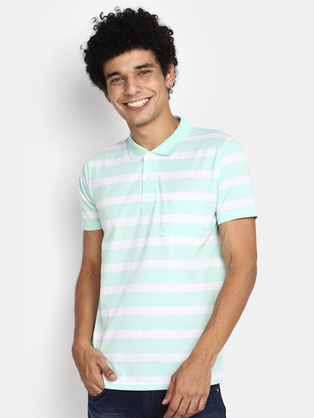 

V-Mart Striped Polo Collar Slim Fit T-shirt, Sea green