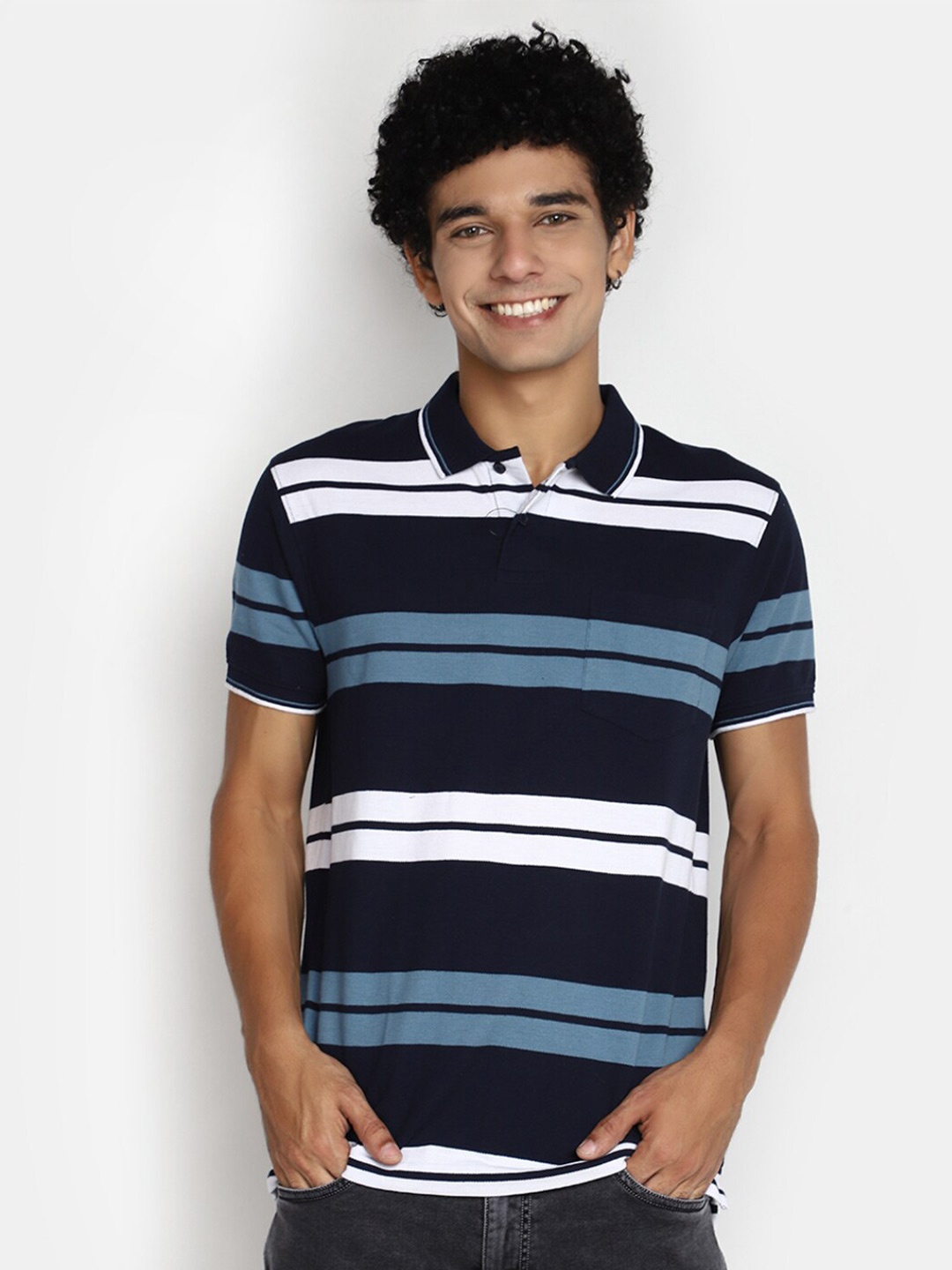 

V-Mart Striped Polo Collar T-shirt, Navy blue