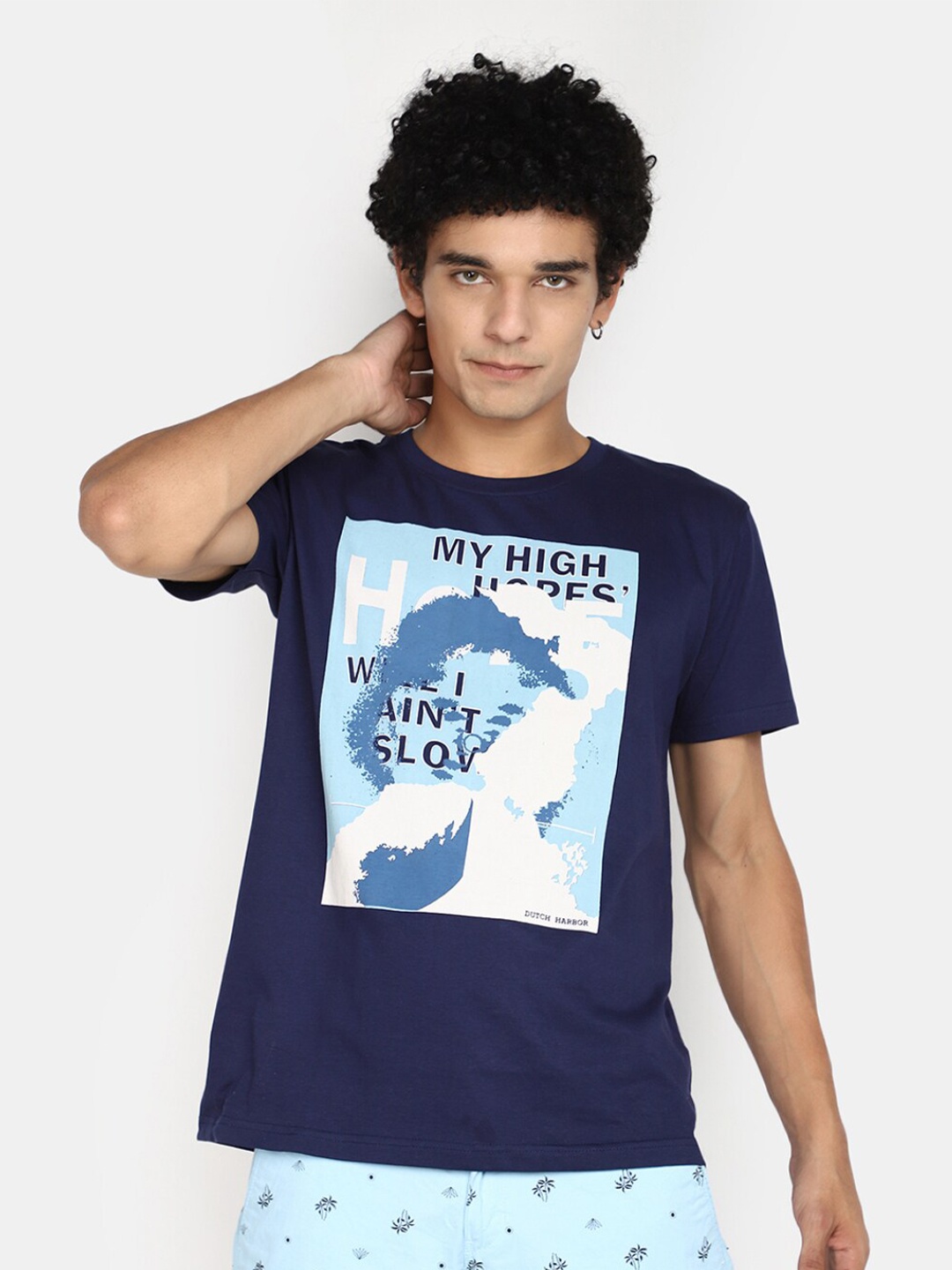 V-Mart Graphic Printed Cotton T-shirt, Navy blue