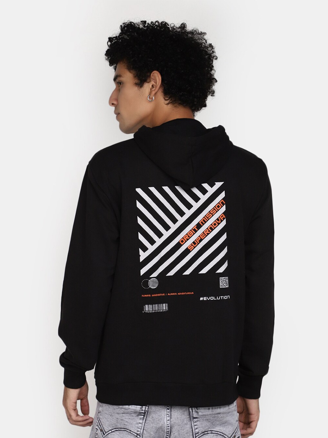 V-Mart Typography Printed Hooded Cotton T-shirt, Black