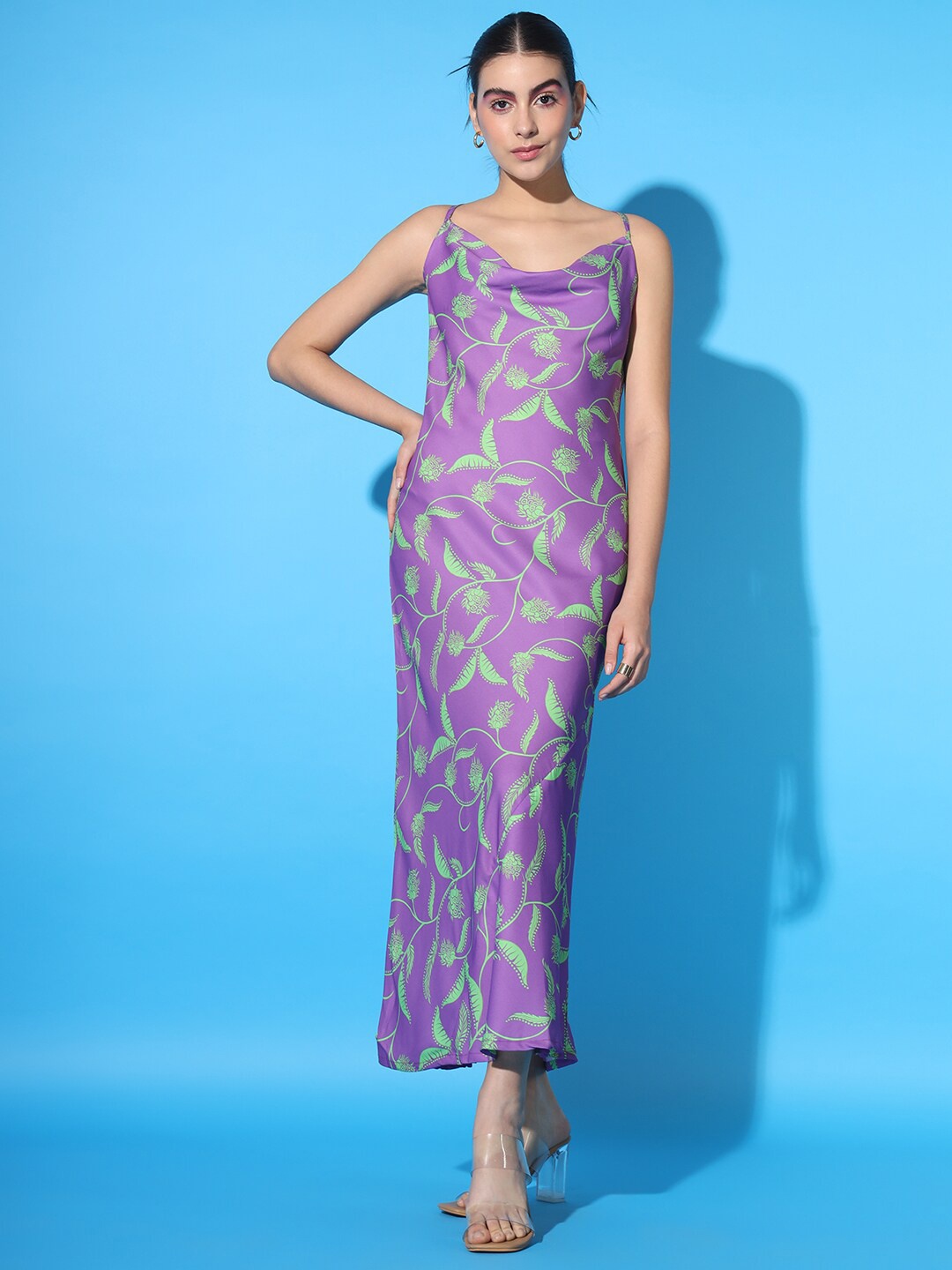

Cation Purple Floral Printed Shoulder Straps Georgette Maxi Dress