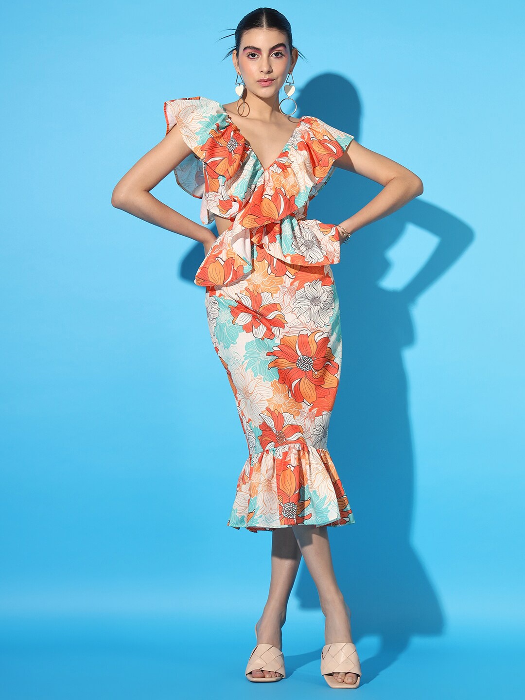 

Cation Orange Floral Printed Flutter Sleeve Cotton Sheath Dress