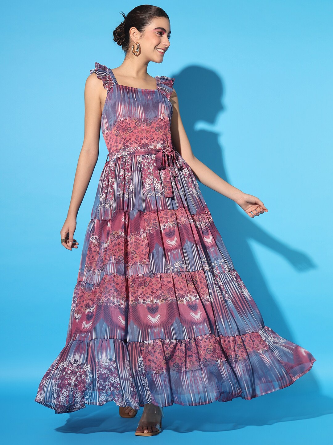 

Cation Purple Ethnic Motifs Printed Flutter Sleeves Georgette Maxi Dress