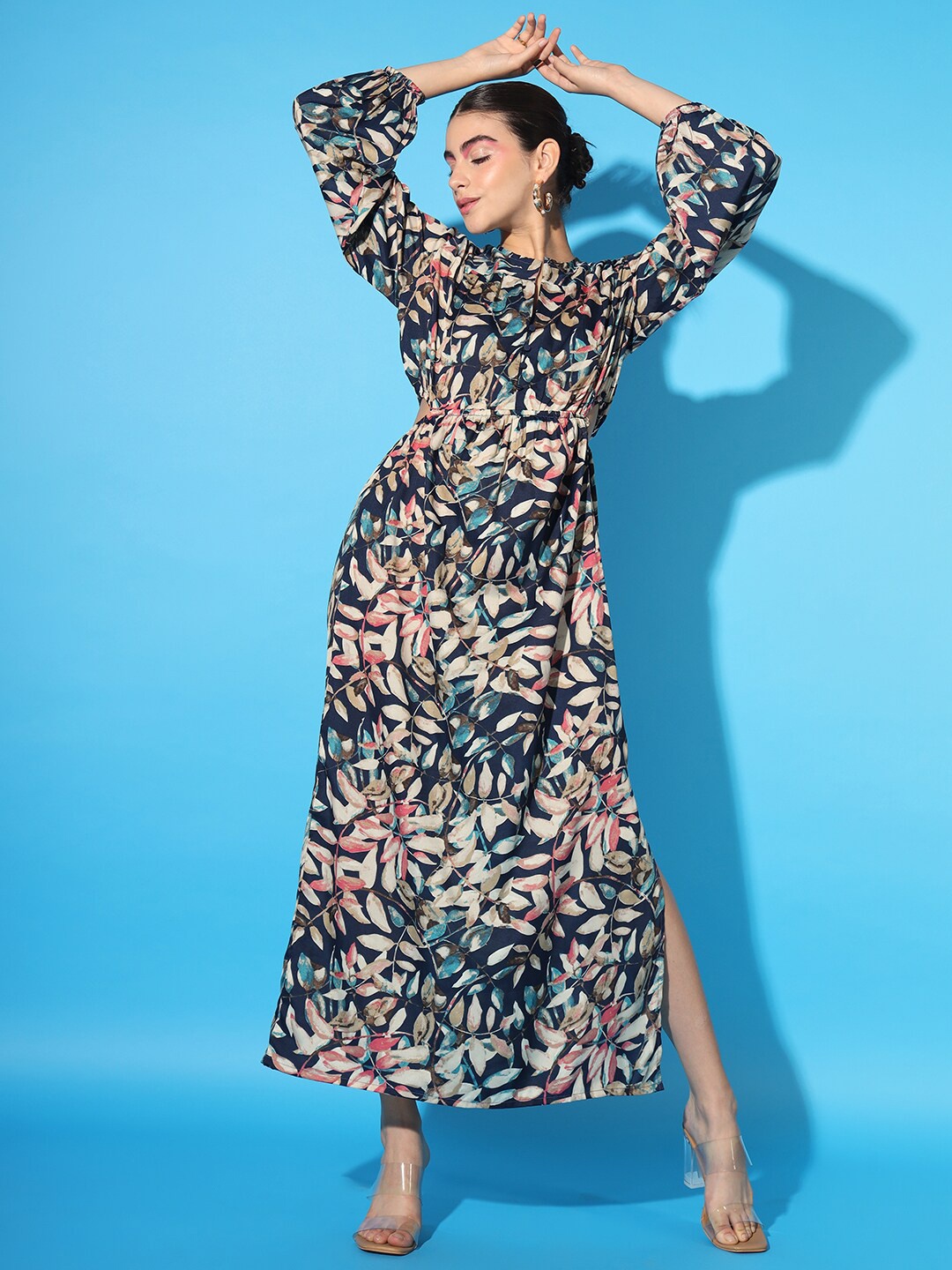 

Cation Floral Printed Modal A-Line Midi Dress, Navy blue
