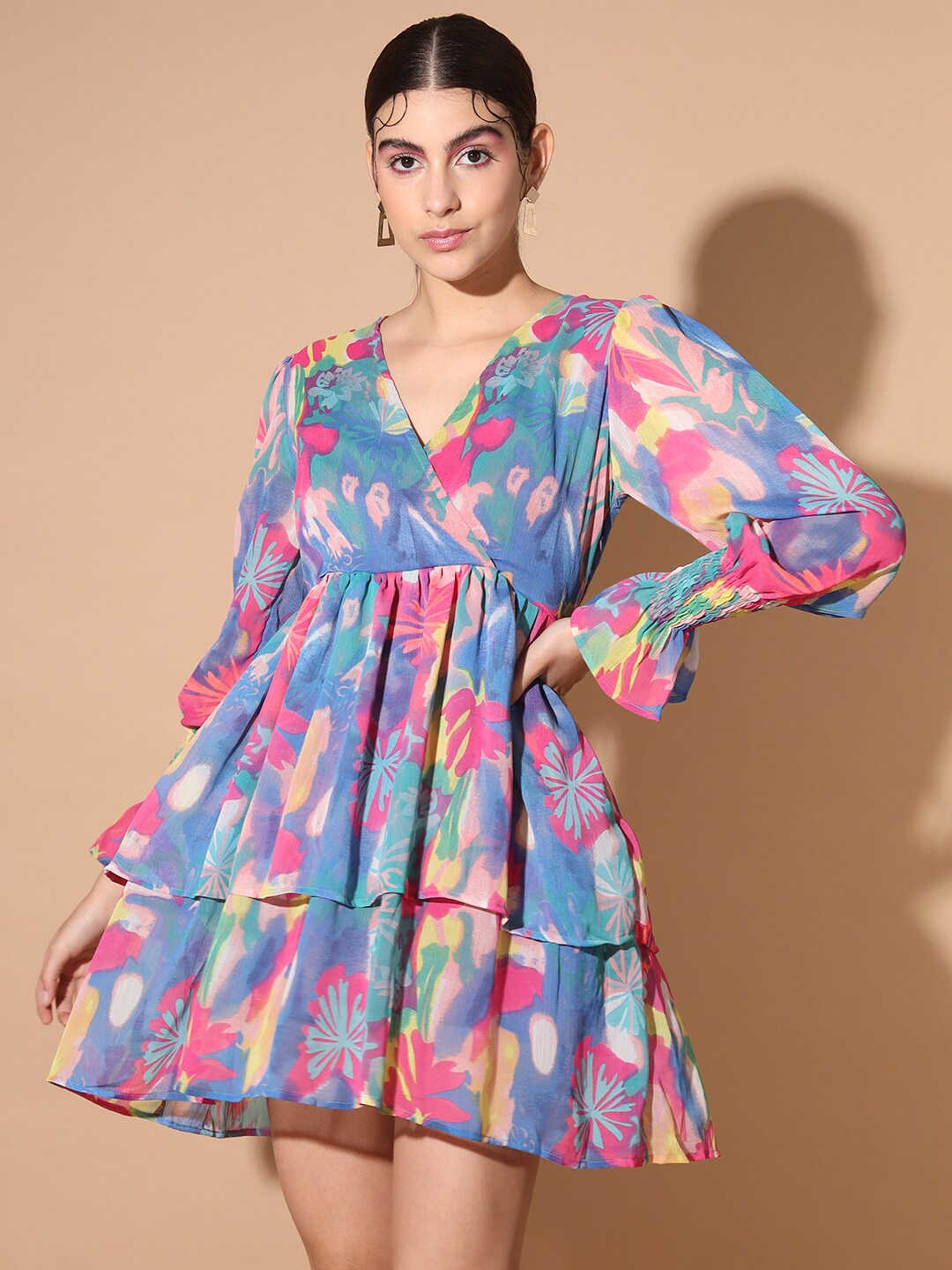 

Cation Absatrct Printed Puff Sleeves Chiffon Fit & Flare Dress, Blue