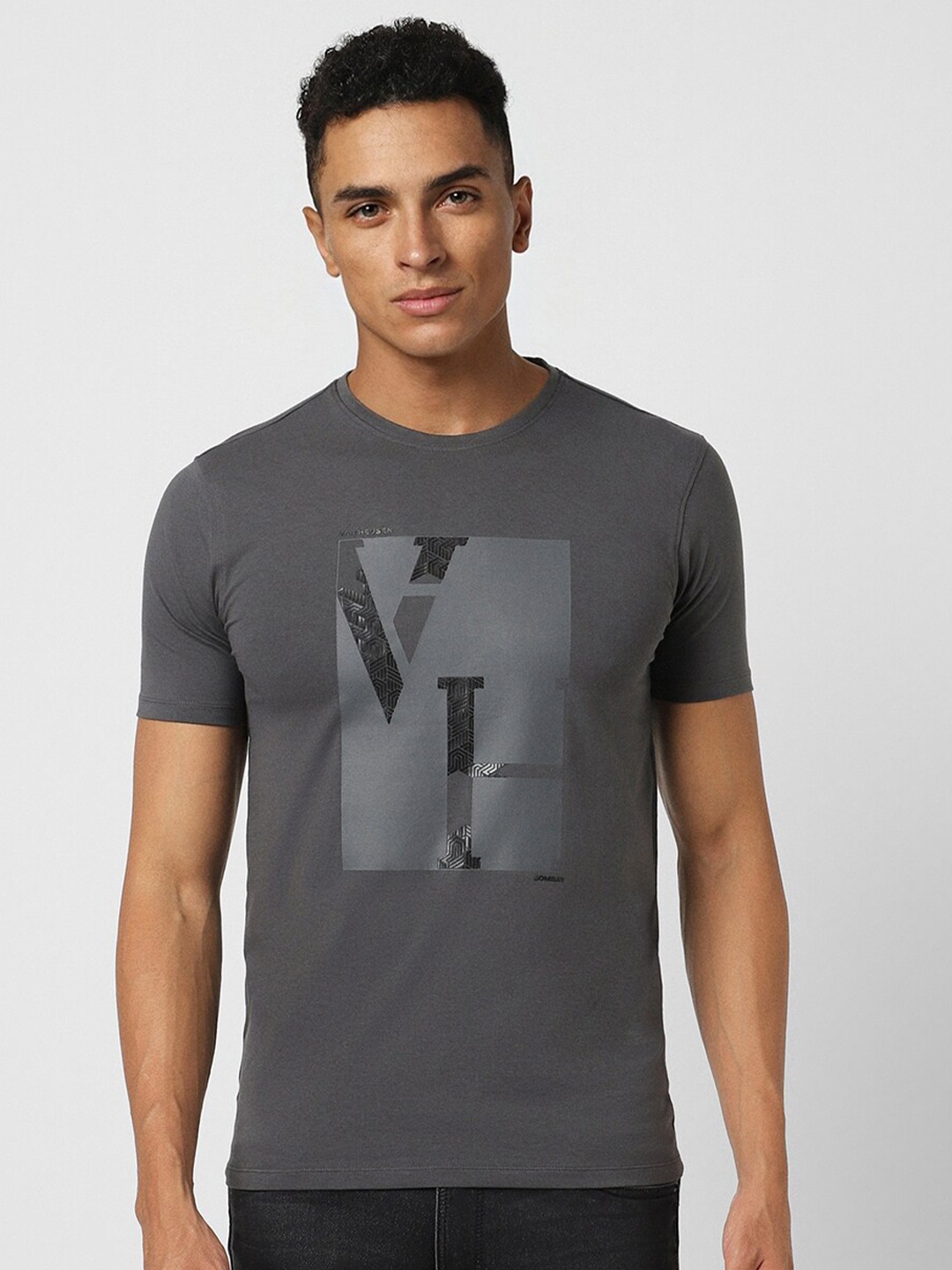 

V Dot Typography Printed Slim Fit T-shirt, Grey