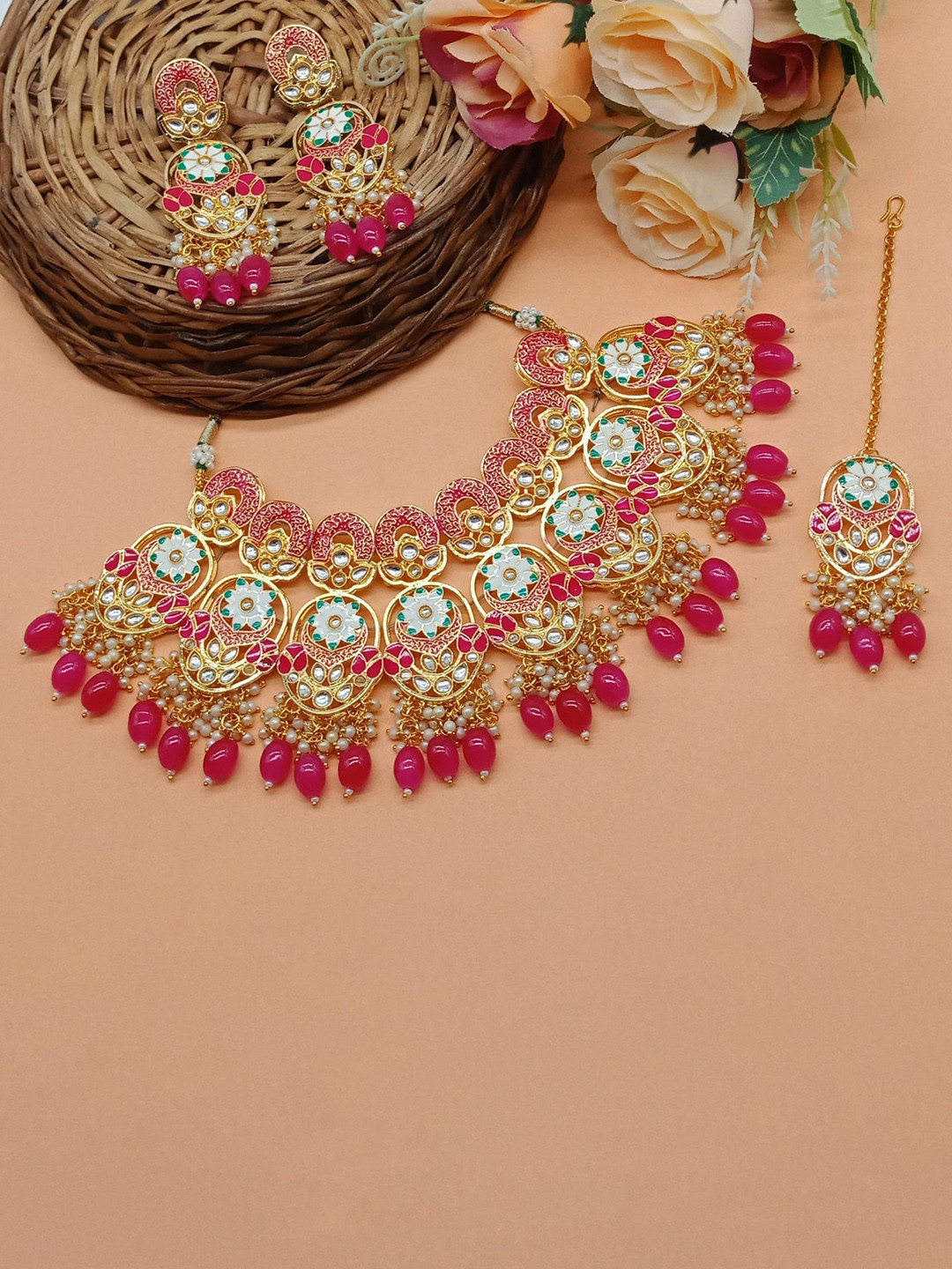 

AASHISH IMITATION Gold-Plated Kundan Studded Meenakari Jewellery Set