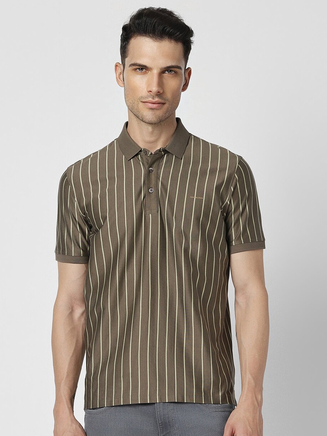 

Van Heusen Striped Polo Collar Cotton T-shirt, Brown