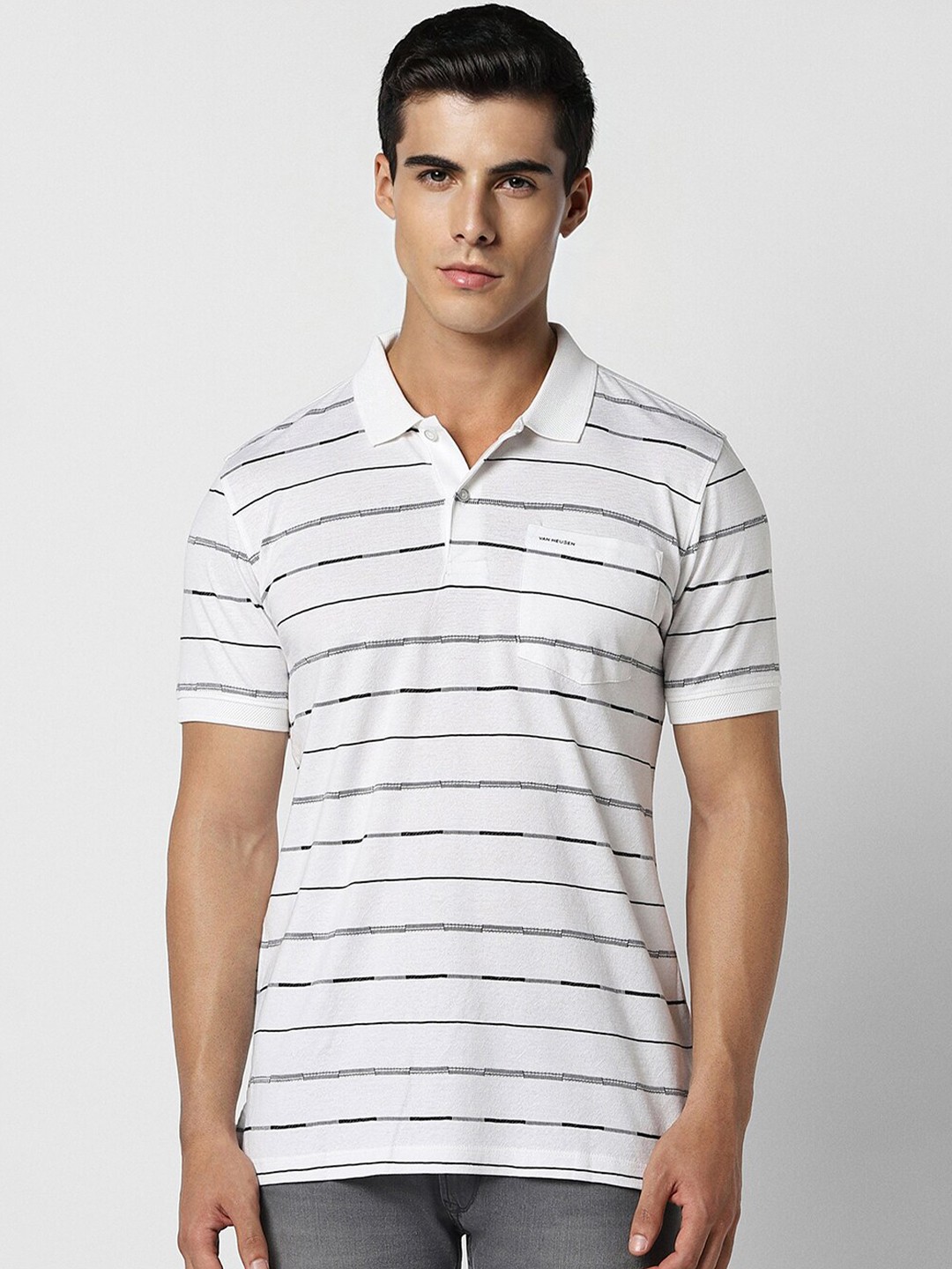 

Van Heusen Striped Polo Collar Pockets Cotton T-shirt, White