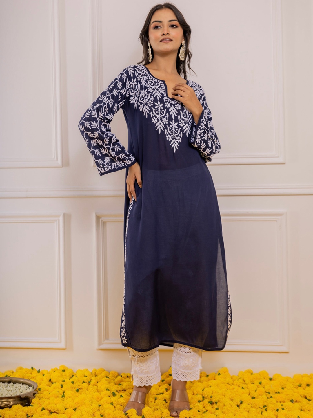 

HOUSE OF KARI Ethnic Motifs Embroidered Yoke Bell Sleeves Indigo Cotton Straight Kurta, Navy blue